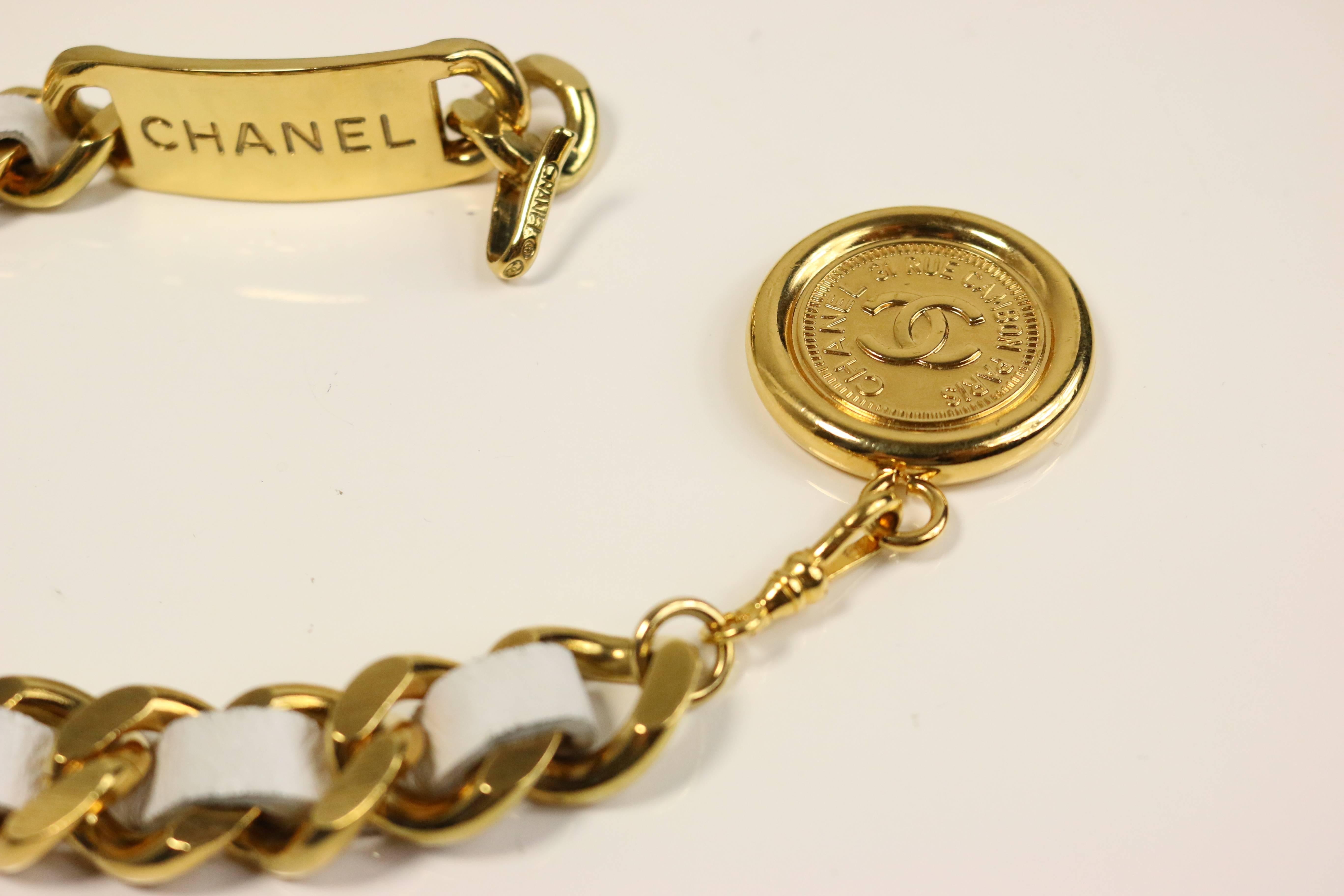 Beige Chanel White Leather Gold Tone 