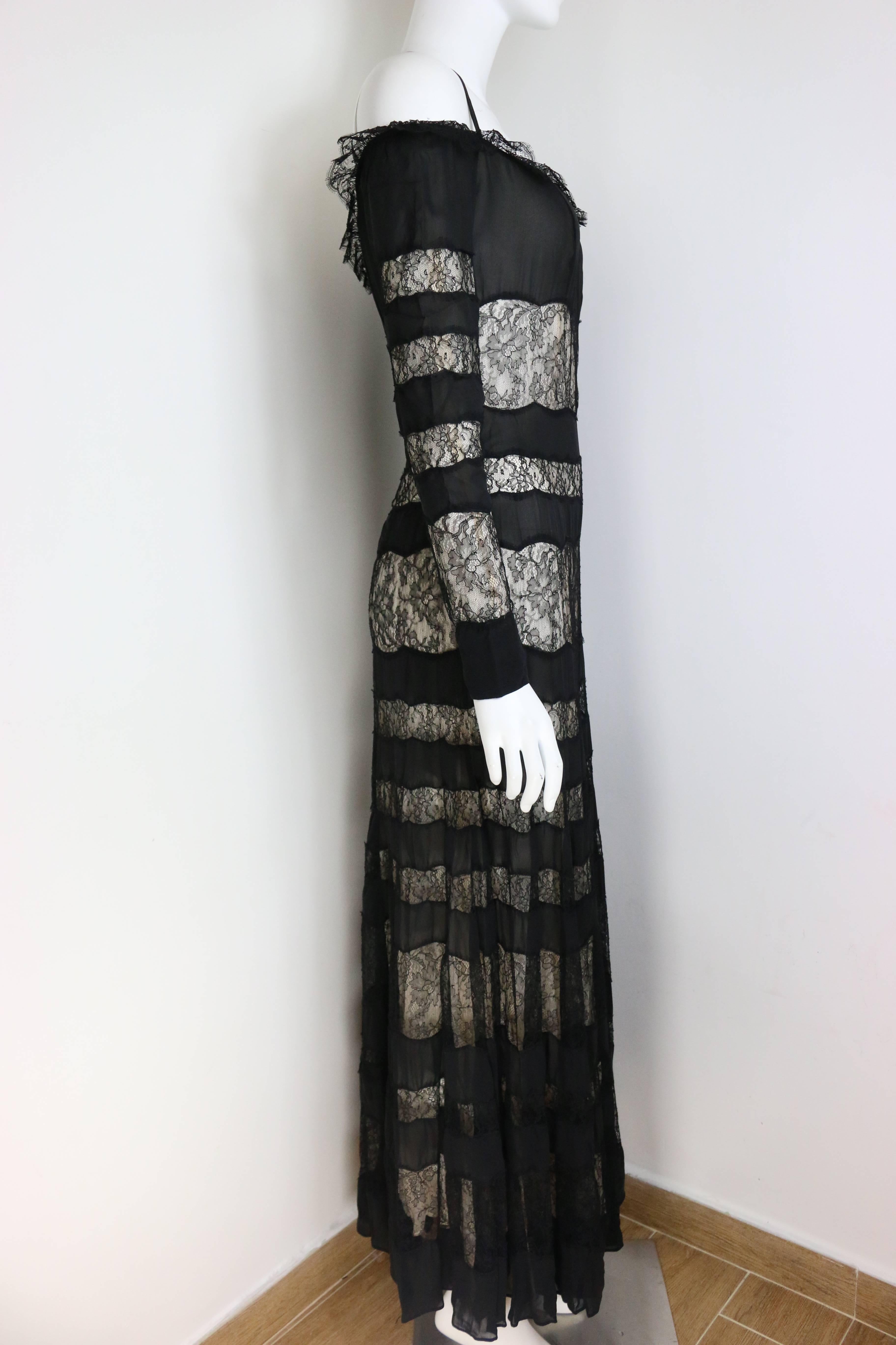 Jacques Molko Couture Black And Nude Silk Lace Maxi Dress  In Excellent Condition In Sheung Wan, HK