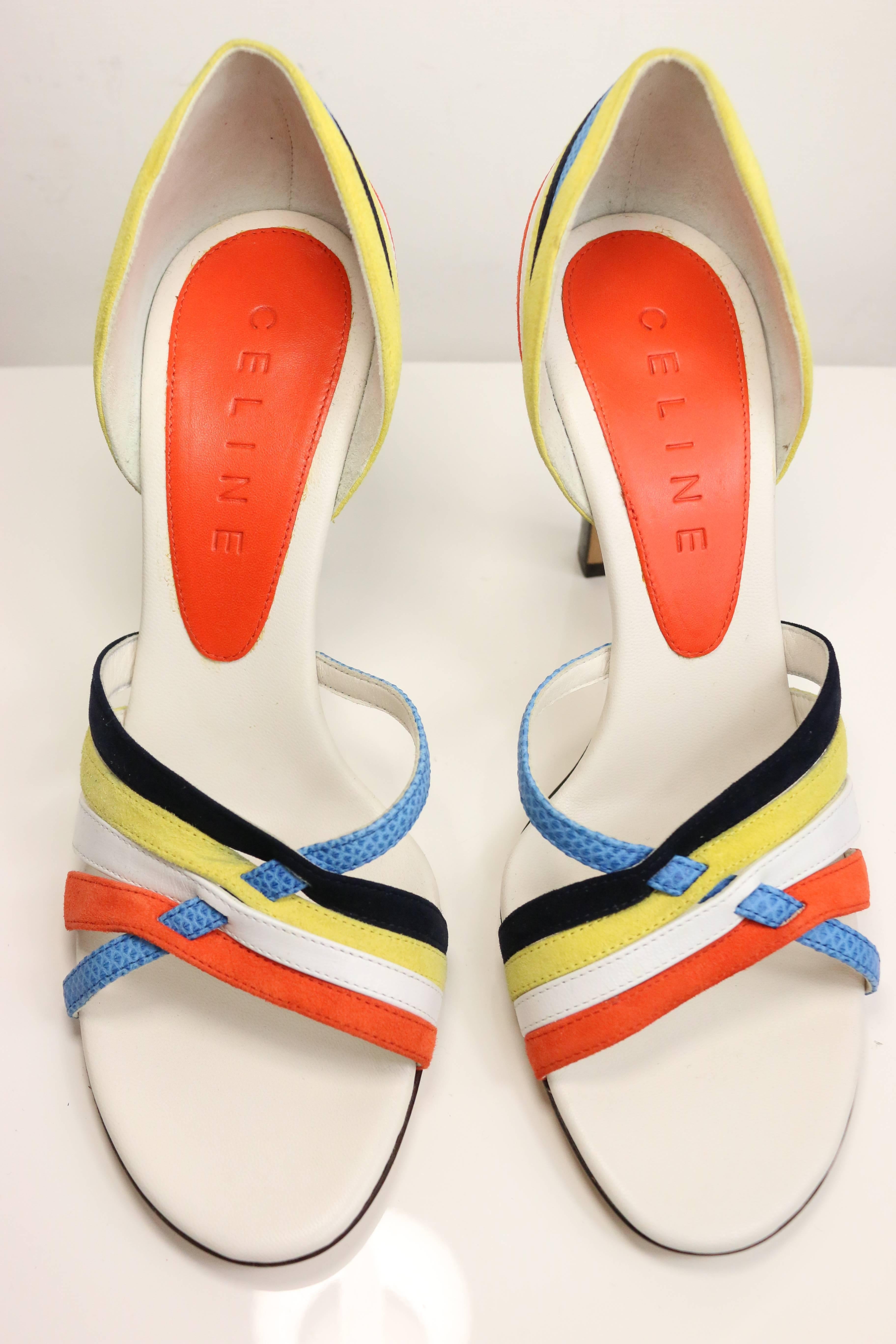 - Celine colour blocked suede orange/yellow/black straps,  leather white strap and snakeskin leather blue strap sandals with wood heels. 

- Size 38.5. 

- Made in Italy. 

- Long: 8in I Heels: 4in.  
