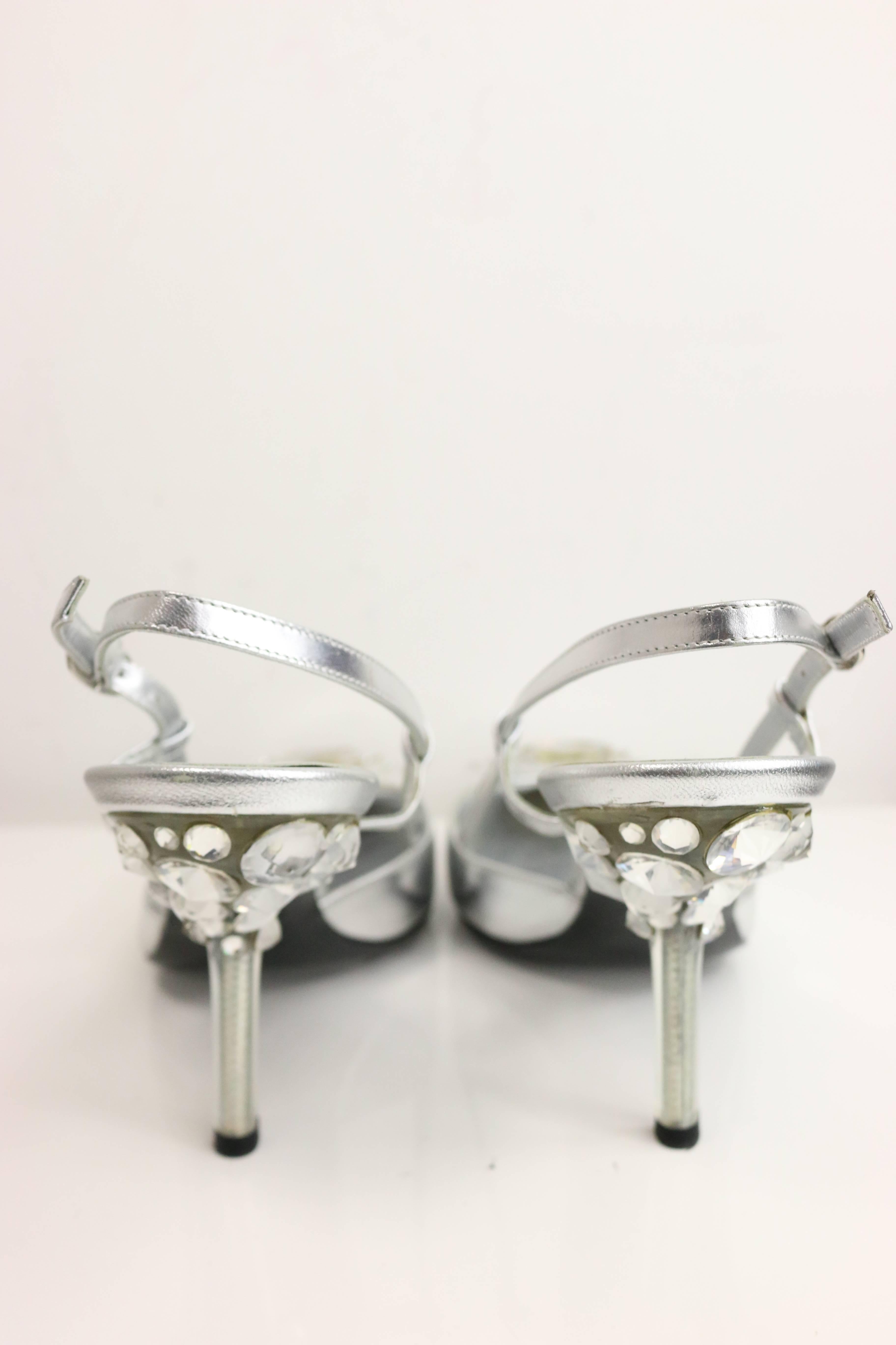 Women's Christian Dior Silver Metallic Slingback Pointy Heels 