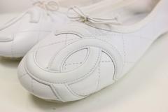 Chanel White Leather Quilted Cambon Flats
