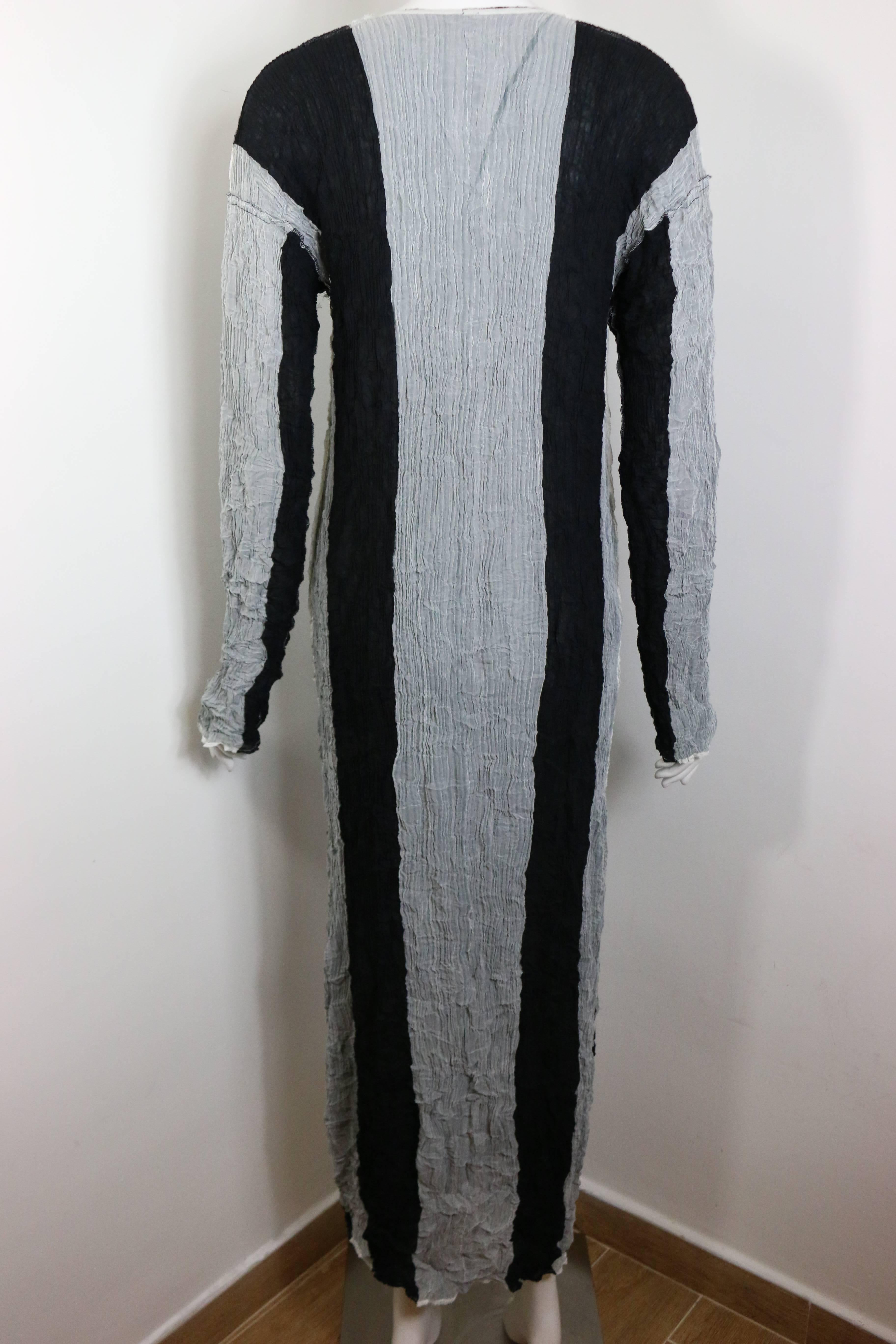 Women's Issey Miyake Black/Grey Striped Pleated Long Dress 