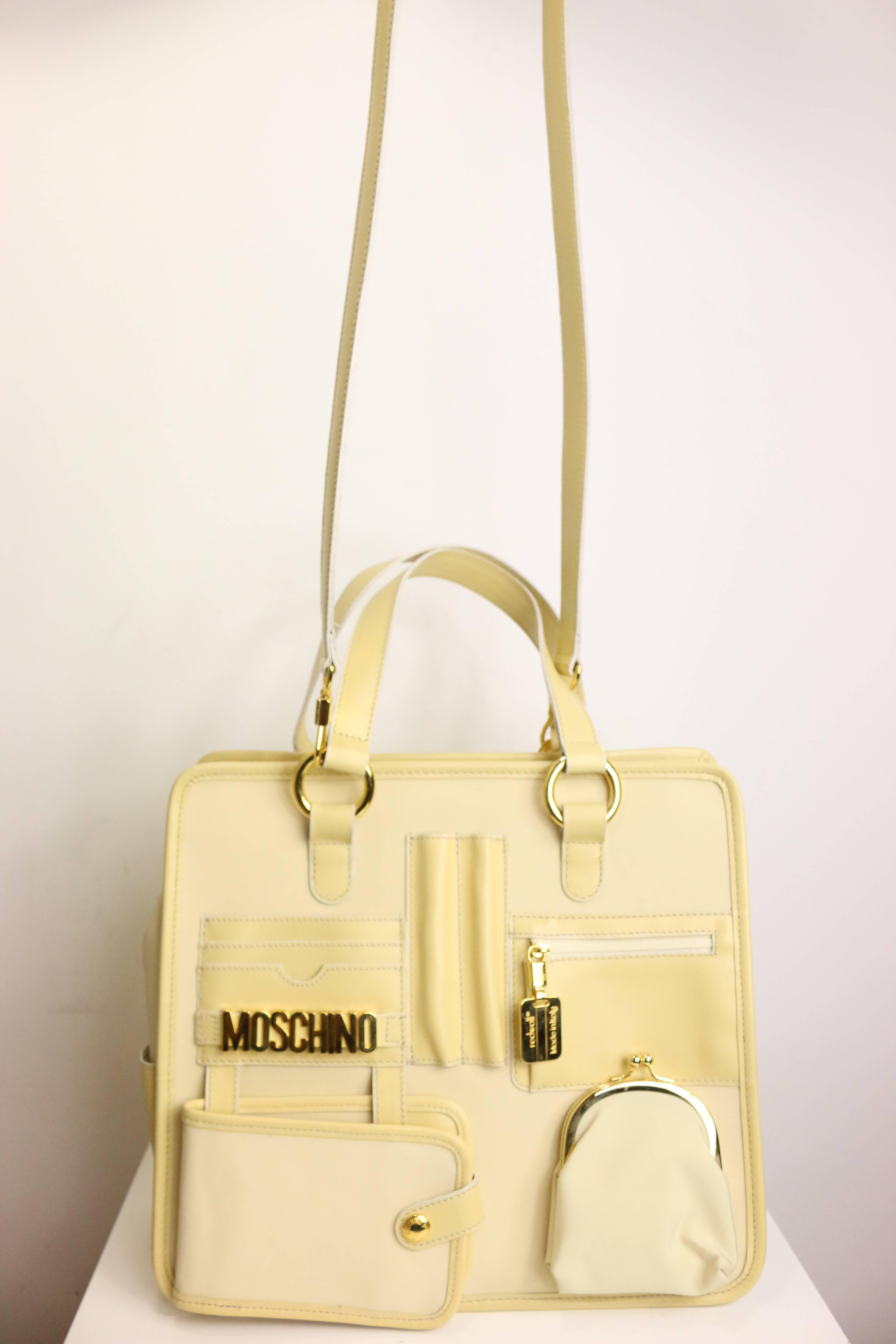 Moschino Cream Nylon/Leather Tote Bag With Strap 5