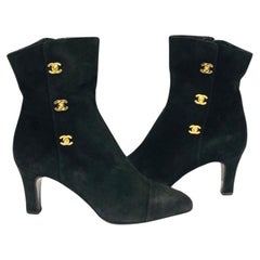 Vintage Unworn Chanel Classic Black Suede Gold CC Ankle Boots 