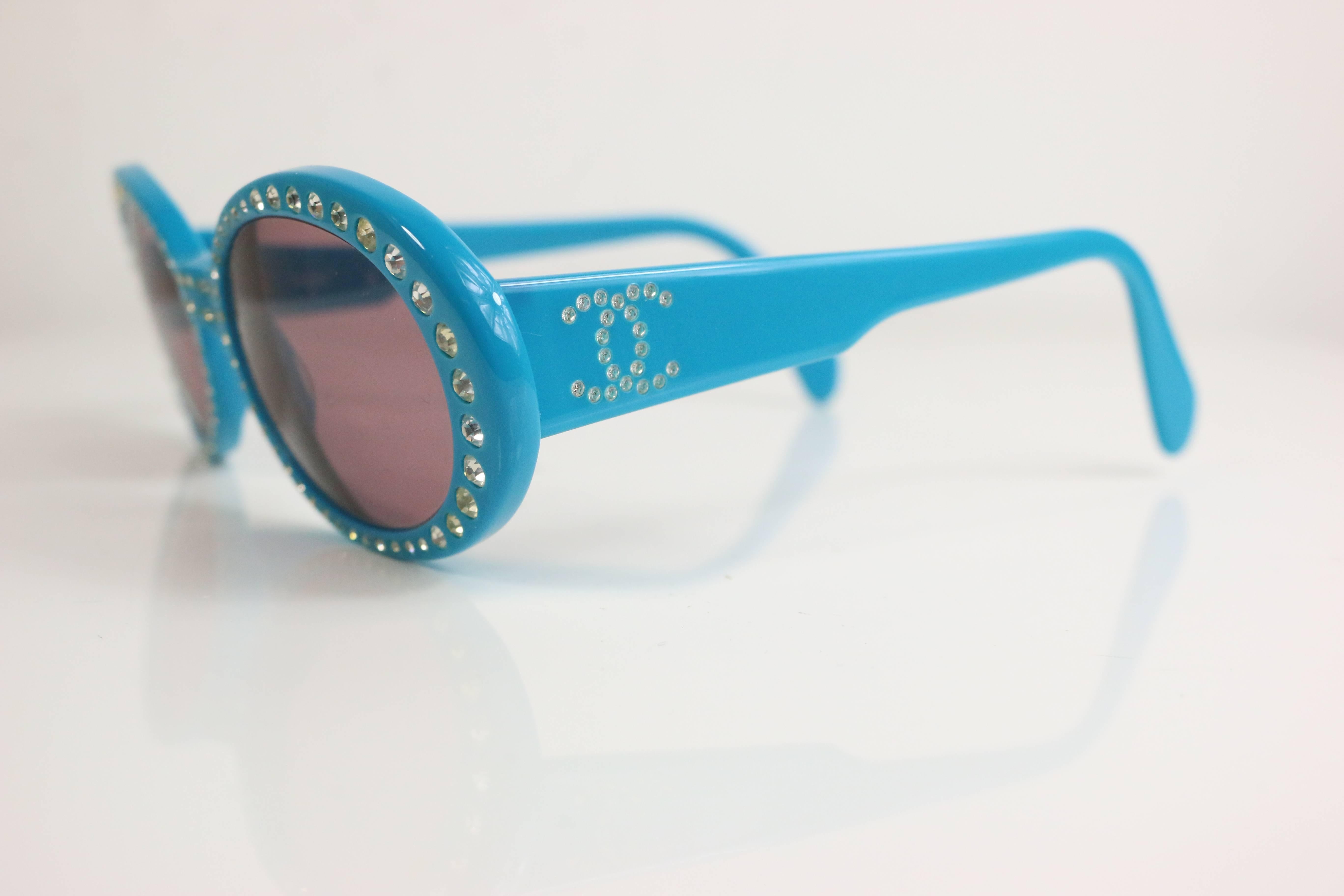 Chanel Turquoise Rhinestones Oval Frames Sunglasses  1