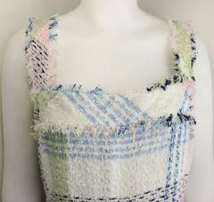Chanel White Multicolour Plaid Tweed Fringe Sleeves Shift Dress