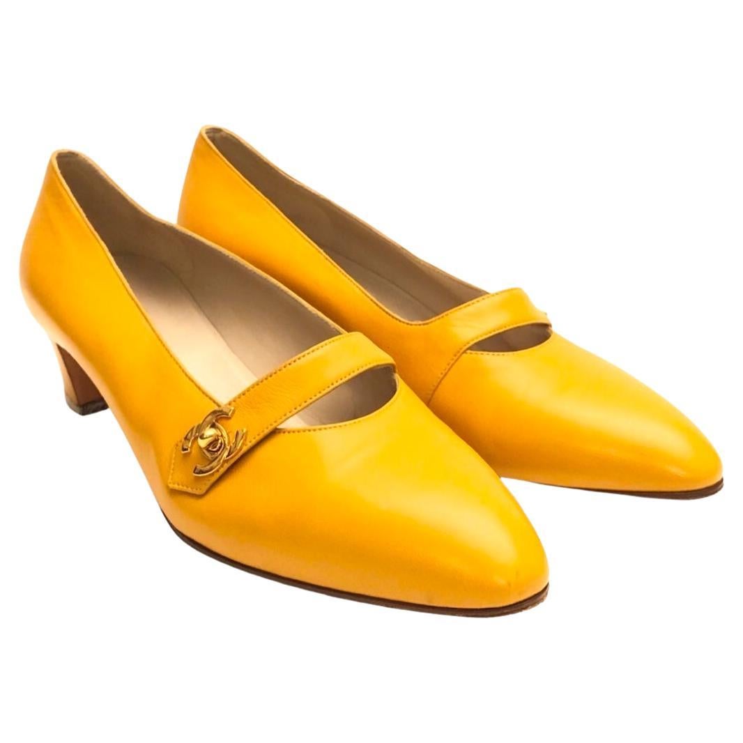 Chanel Mustard Yellow Lambskin CC Turn-Lock Shoes  For Sale