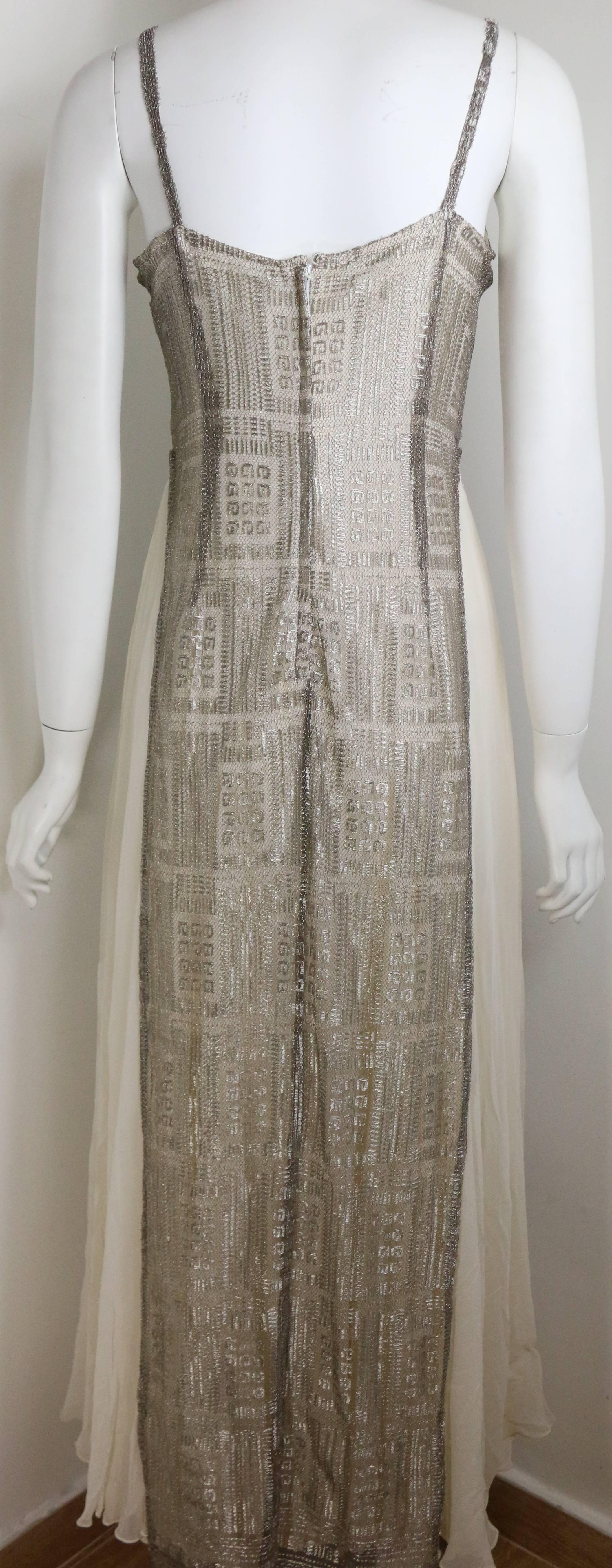 Brown Vintage Severin Metallic Pattern Printed Silk Cream Long Dress For Sale