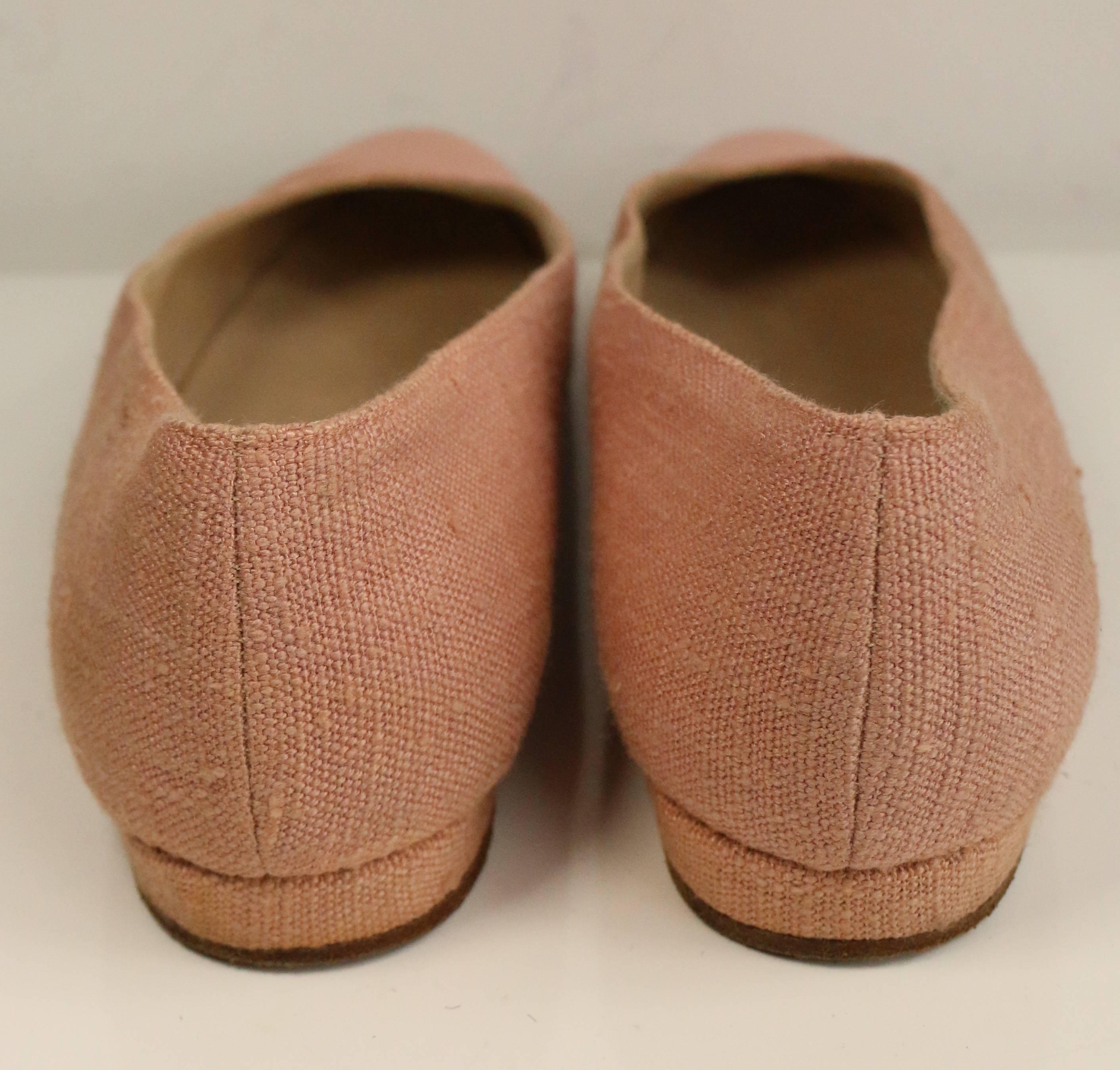 Brown Chanel Pink Tweed Leather Cap Ballerina Flats