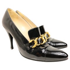 Chanel Black Patent Leather Shoes with Gold Braided Pointed Heels 