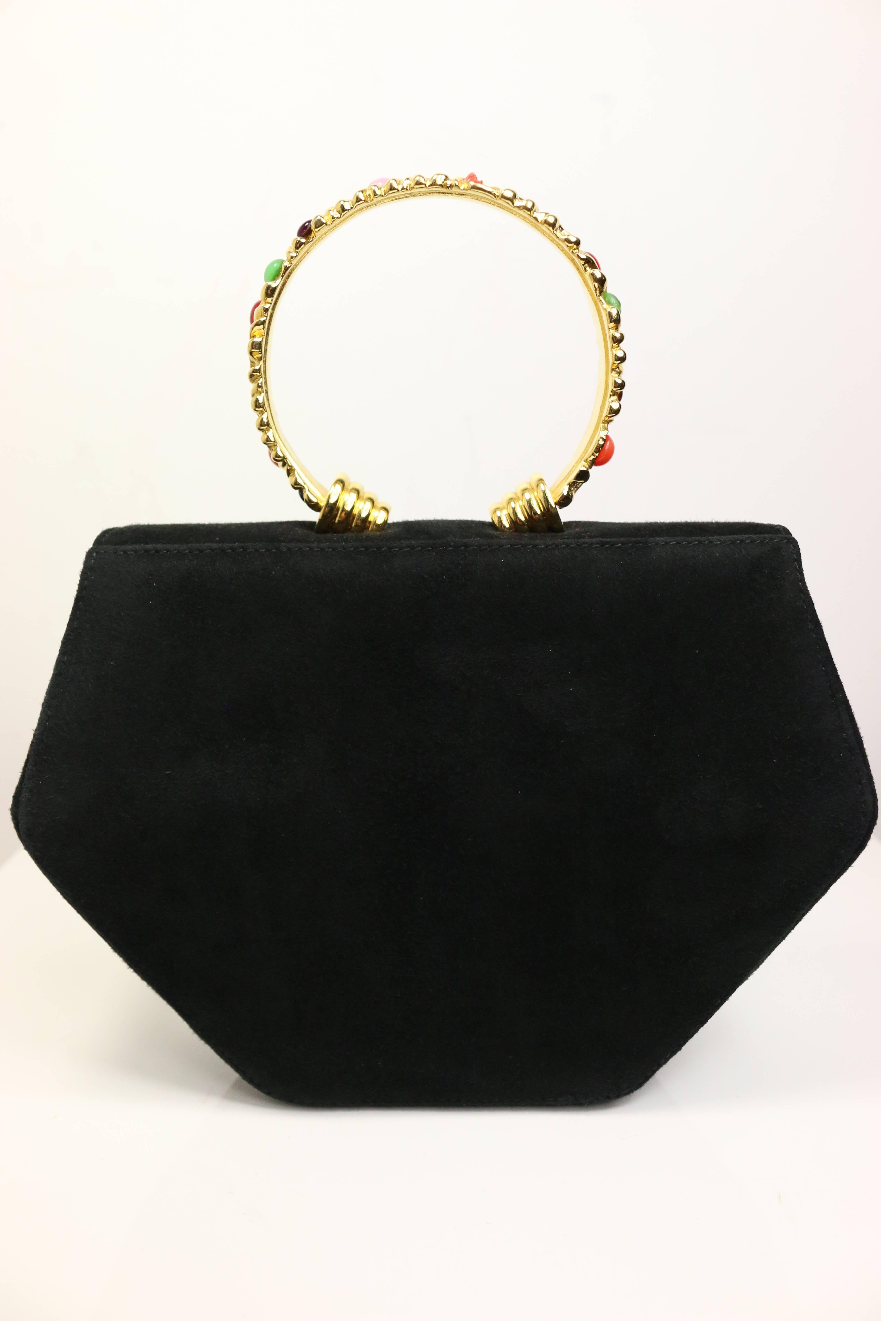 Rodo Black Suede Gold Toned Handle Octagon Handbag with Strap  1