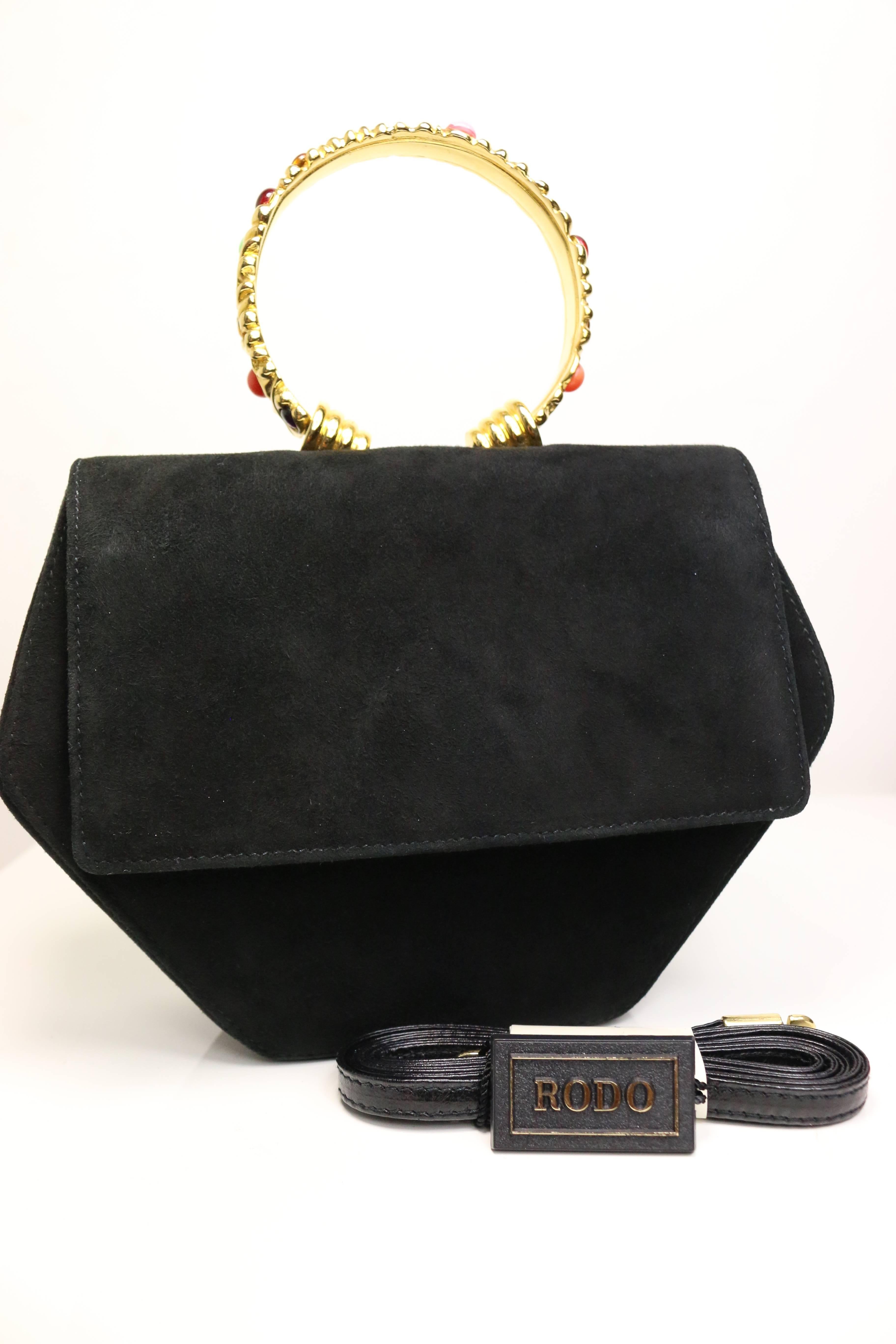 Rodo Black Suede Gold Toned Handle Octagon Handbag with Strap  2