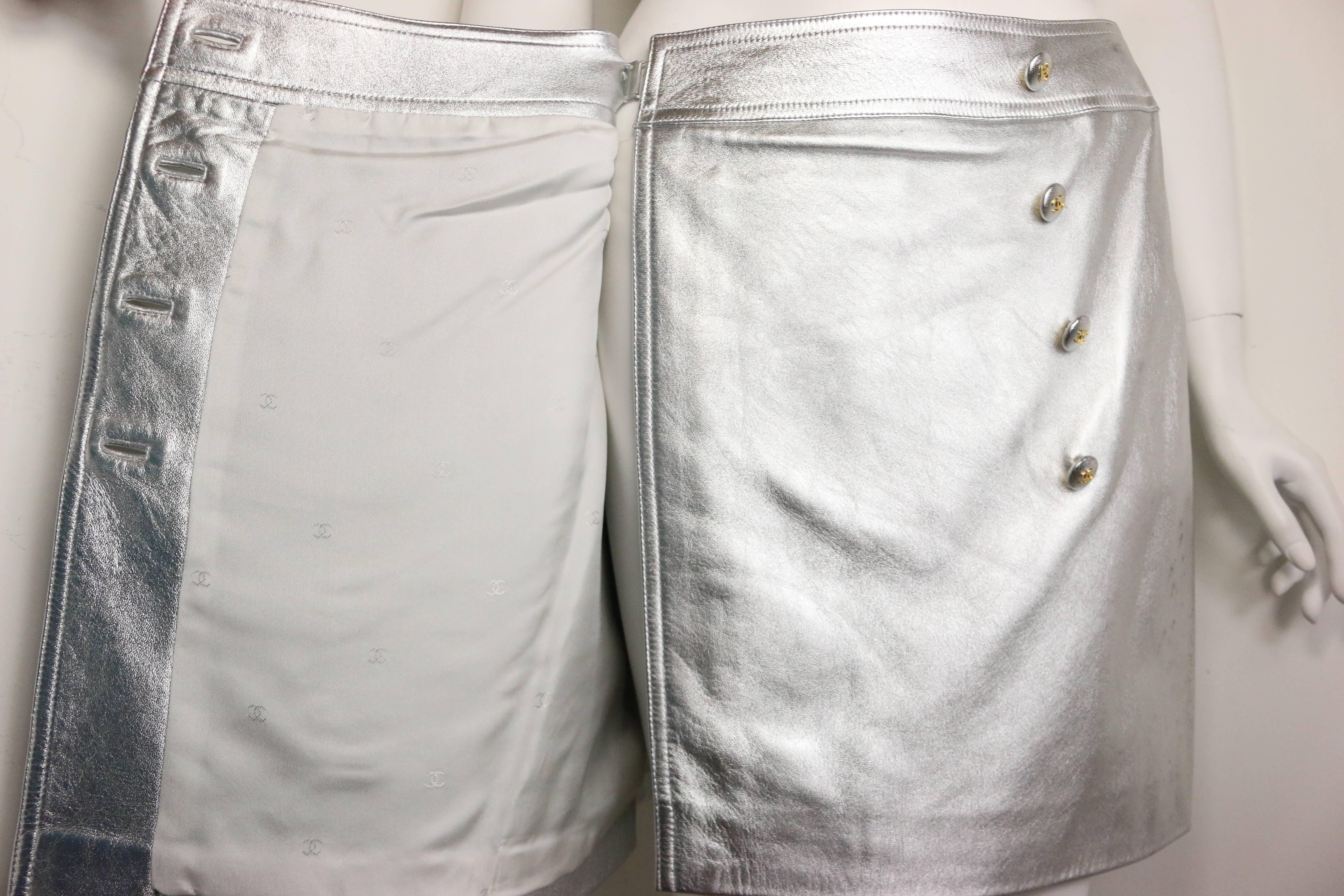 Women's Chanel Silver Metallic Lambskin Leather Wrap Skirt 