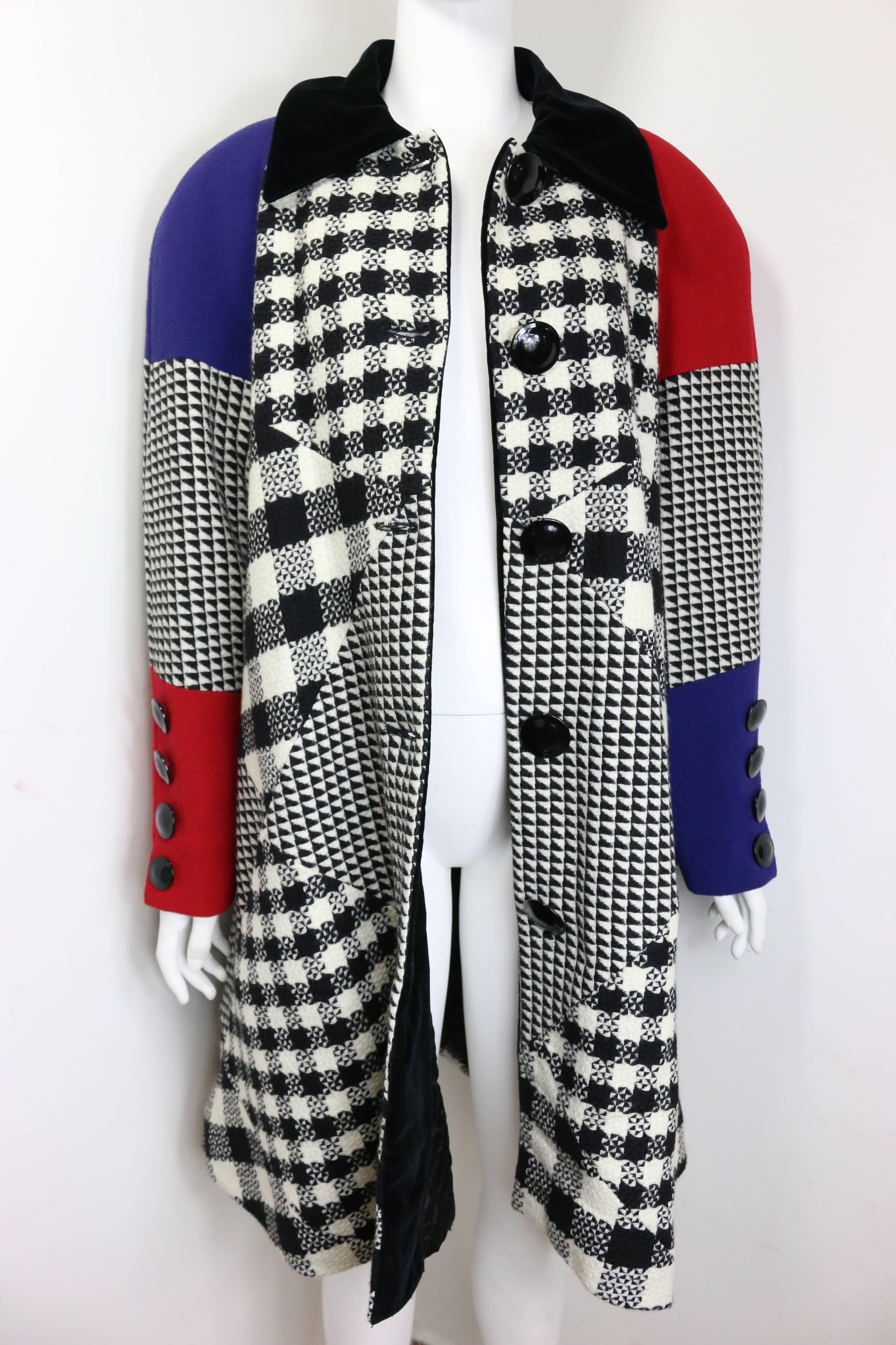 Black 80s Roccobarocco Colour Blocked with Check Patterns Balmacaan Coat  For Sale