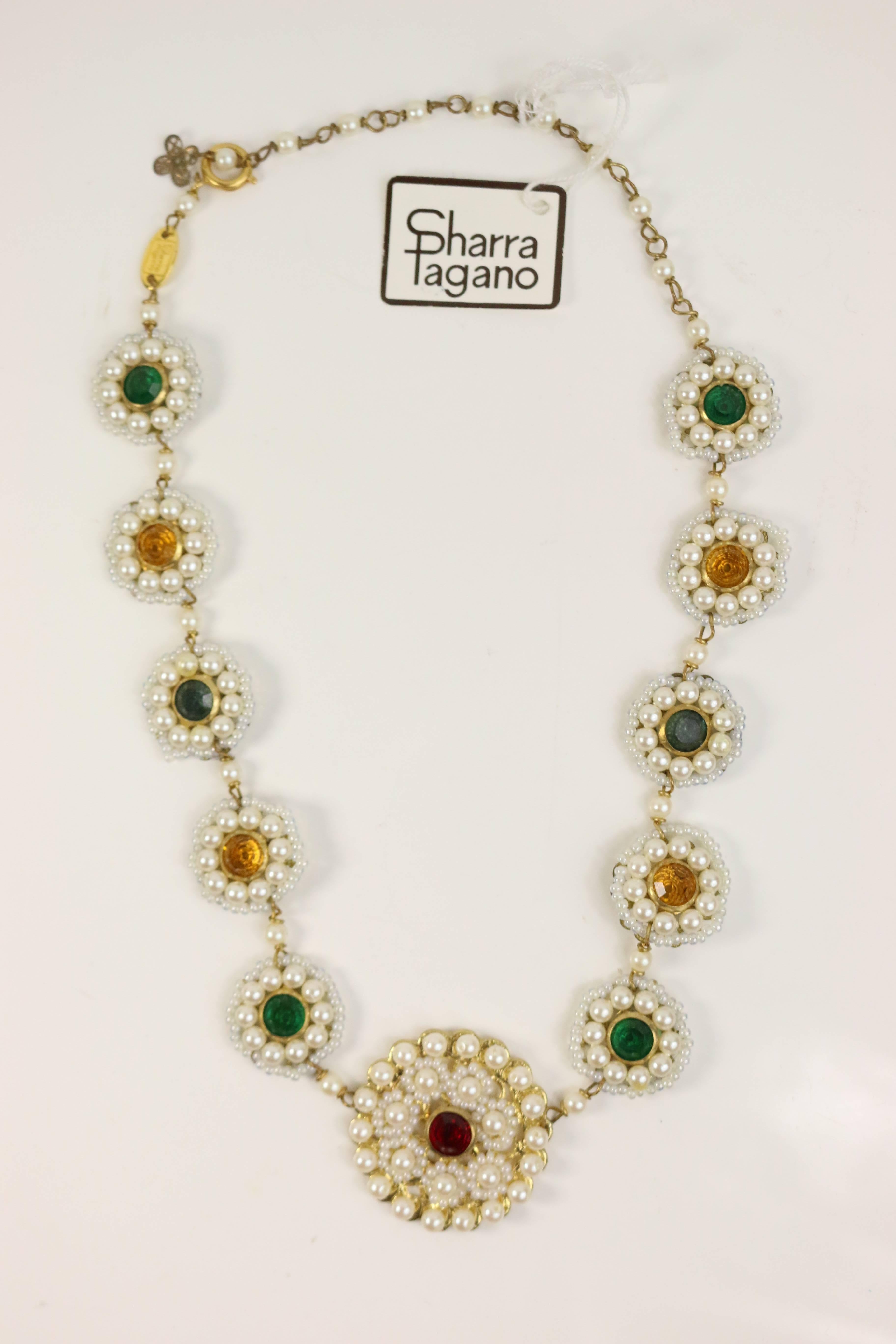 Sharra Pagano Pearl Beaded Gold Toned with Colours Rhinestones Necklace  In New Condition For Sale In Sheung Wan, HK