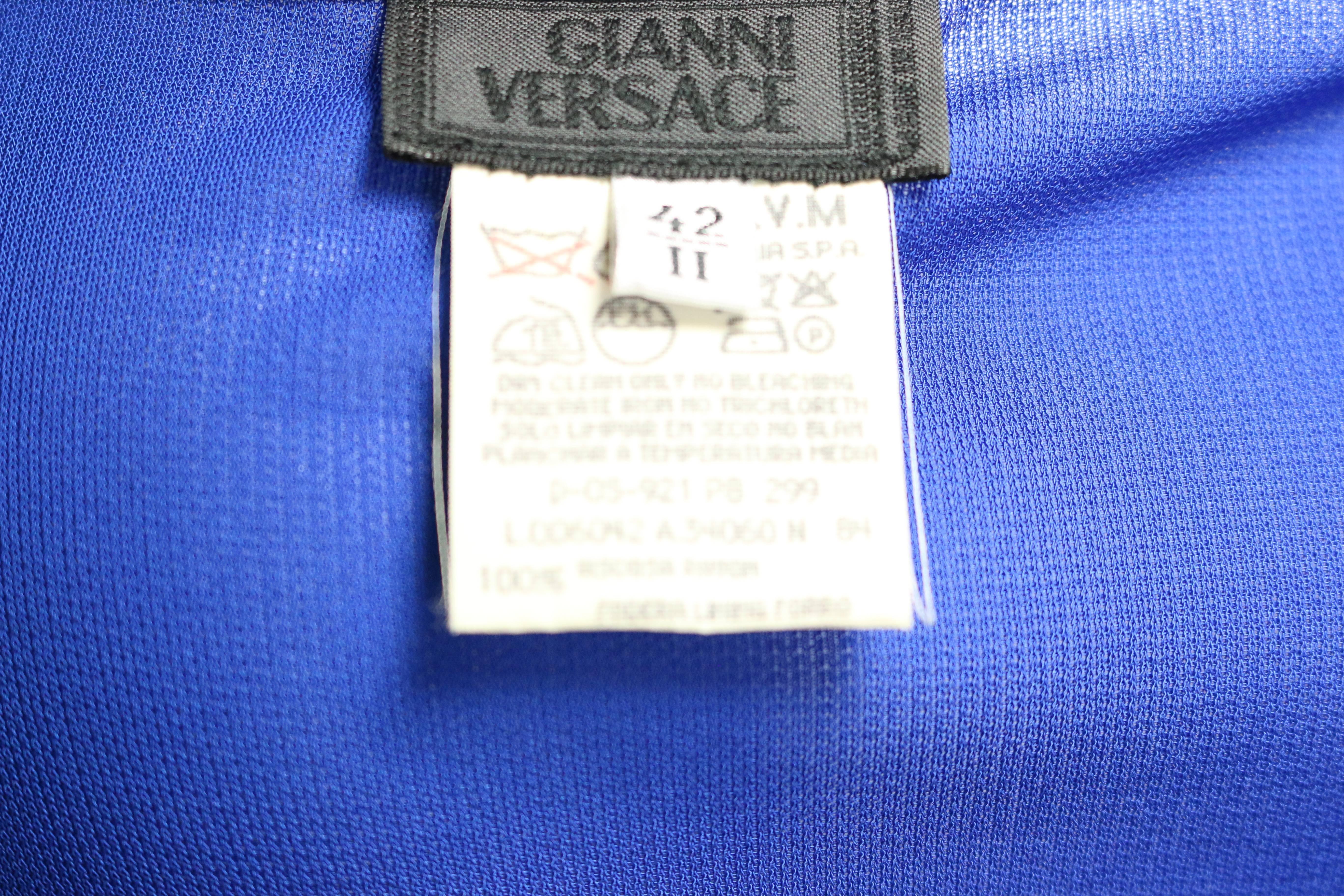 Women's Vintage Gianni Versace Blue Drop Neckline Shoulder Padded Top  For Sale