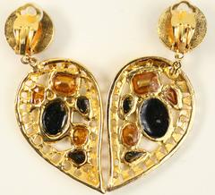 80s Black/Diamond Rhinestones Gold Toned Drop Heart Shaped Clip-On Earrings