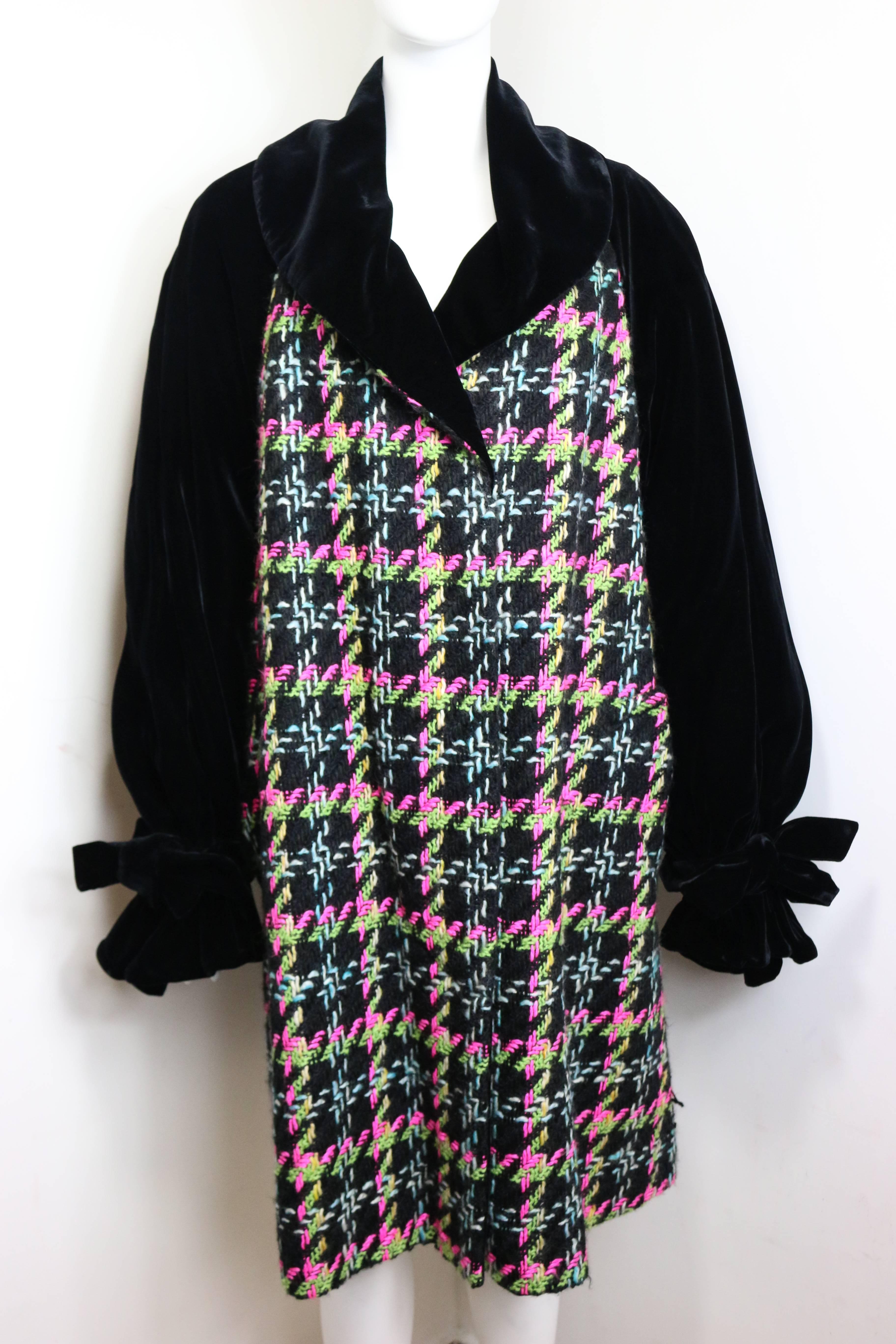 - Vintage Christian Lacroix black velvet combined with colours(pink, green, blue, white, black) houndstooth tweed oversized long coat from fall 1991 collection. 

- Featuring a black velvet shawl collar and sleeves . Four black velvet buttons