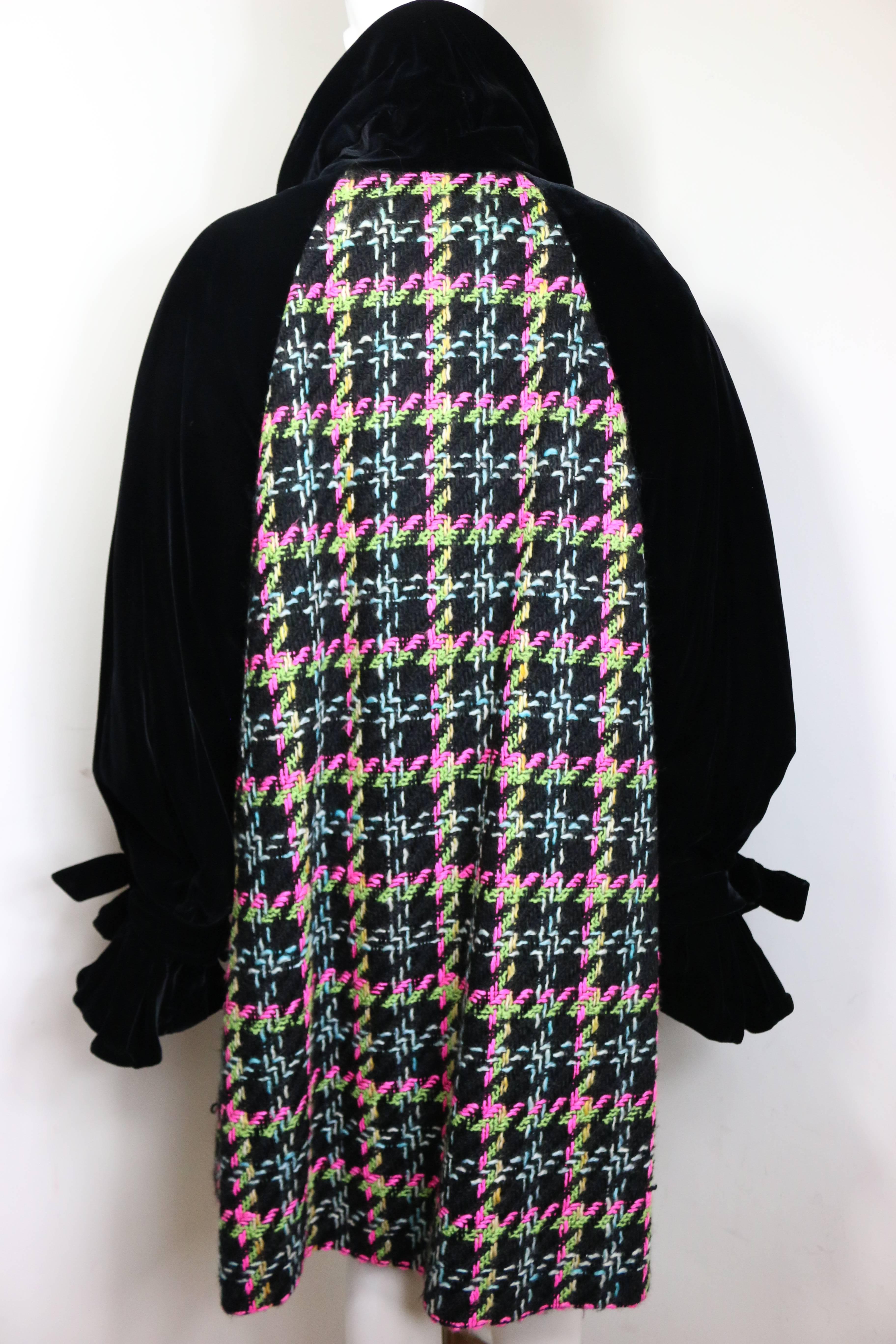 Christian Lacroix Black Velvet Colours Houndstooth Tweed Oversized Long Coat In Excellent Condition For Sale In Sheung Wan, HK