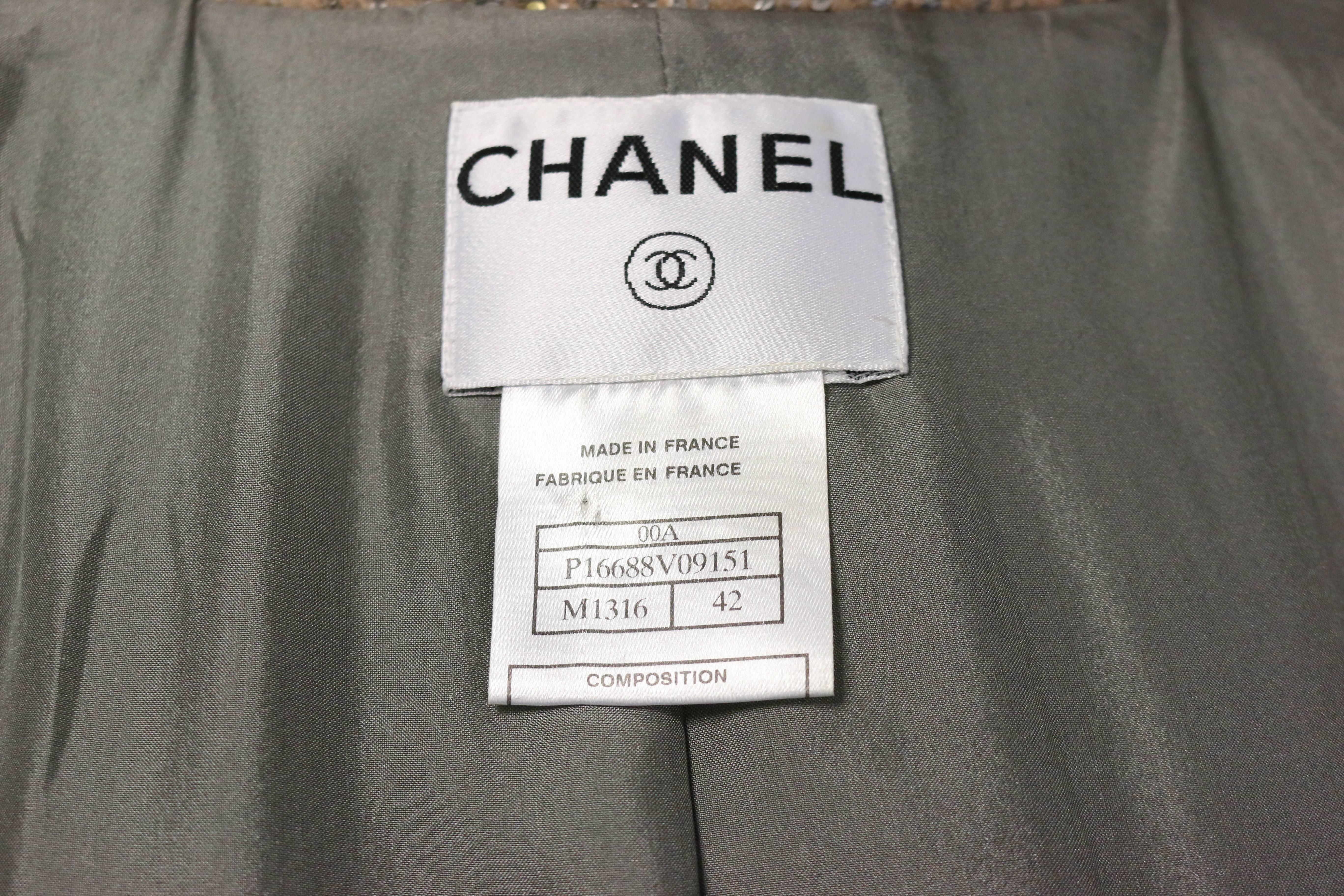 Women's Chanel Grey/Camel Tweed Coat/Skirt Ensemble with Gold and Silver Sequins  For Sale