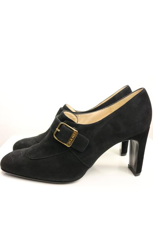 Chanel Black Suede Square Toe Ankle Strap Heels at 1stdibs