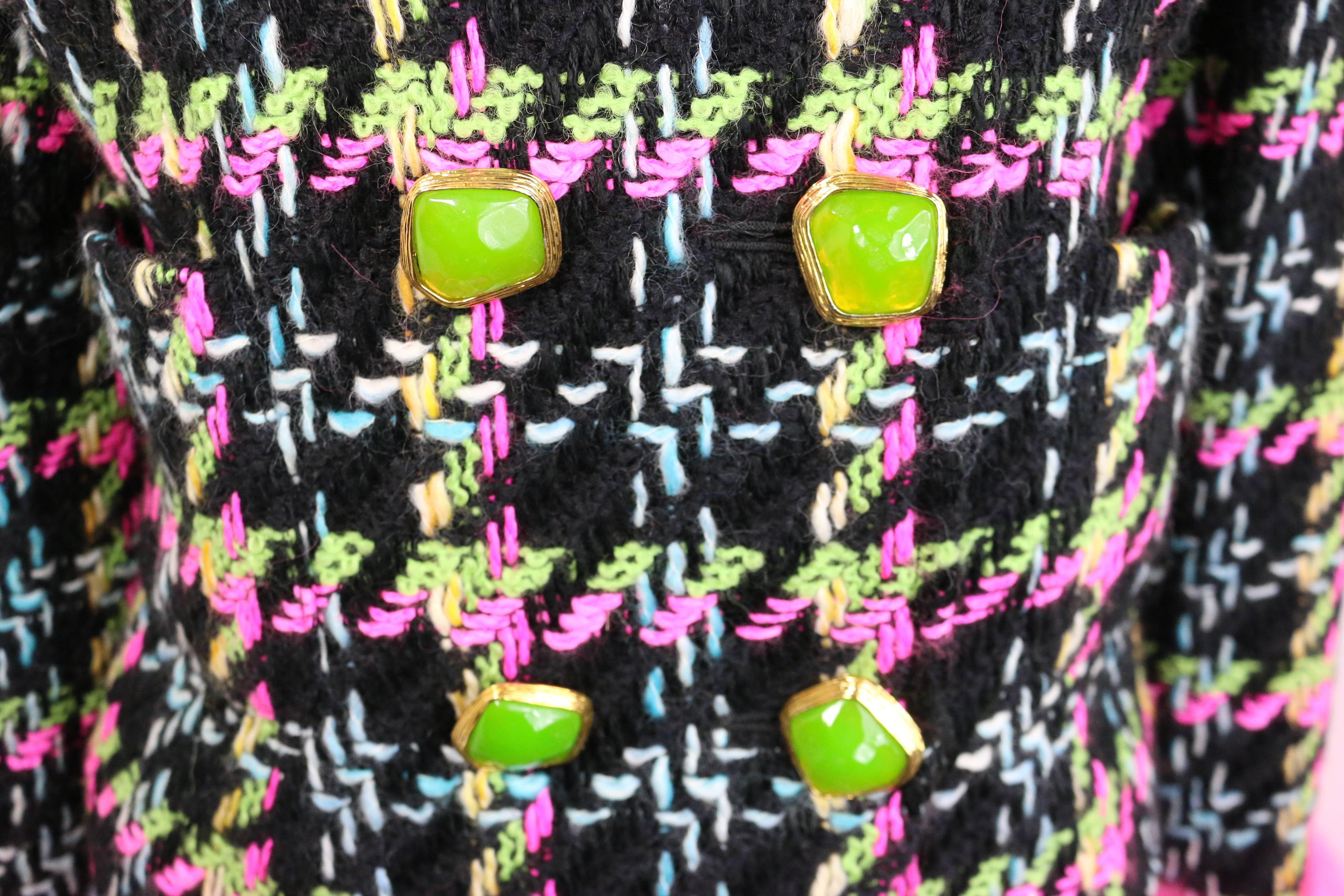 - Vintage Christian Lacroix double breasted multi-colours(neon green, pink, black,  white, blue and yellow)  houndstooth tweed wool suit and skirt ensemble. It is a very eye catching and one of a kind piece!!! 

- Featuring shocking pink feathers