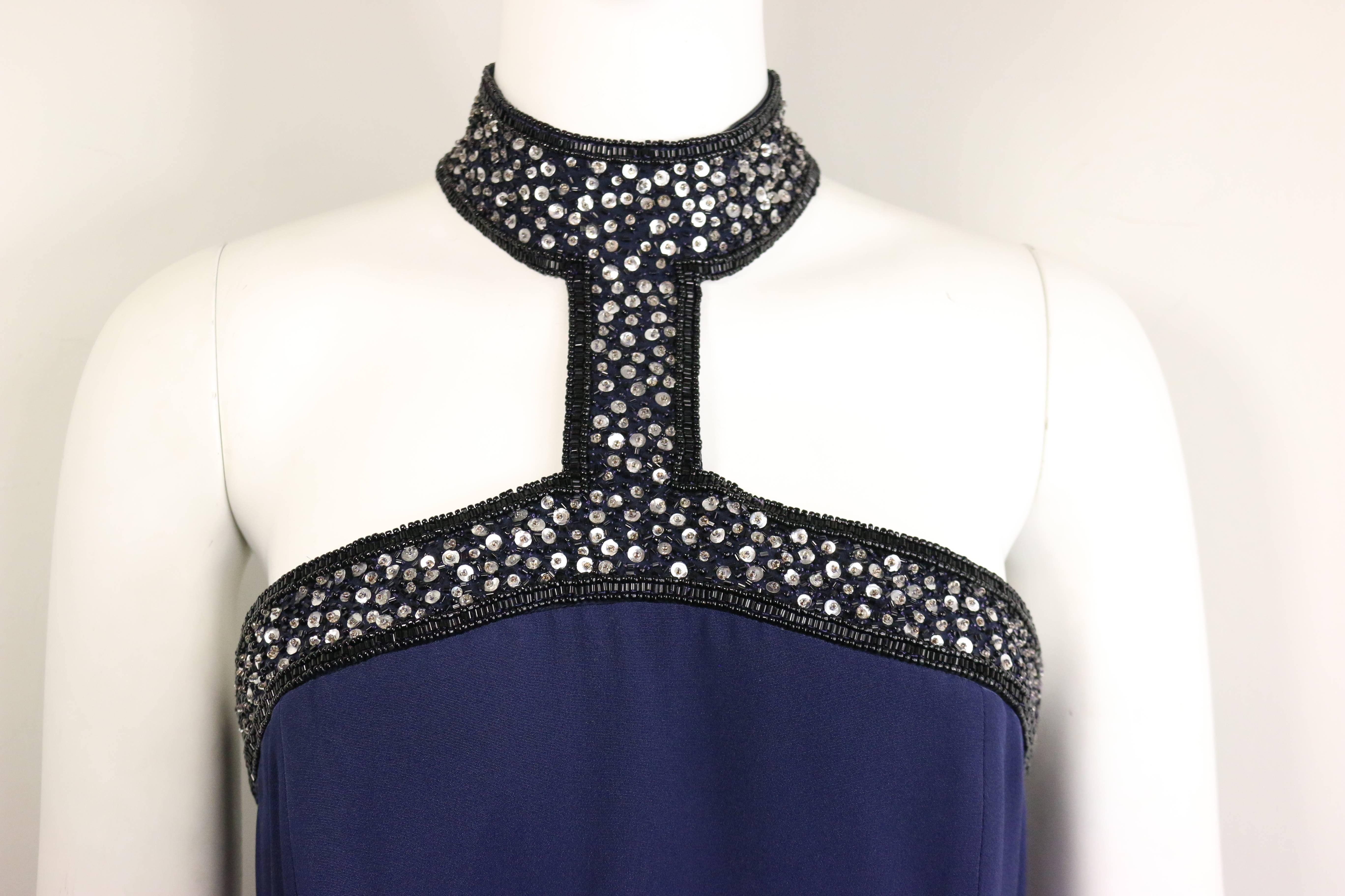 - Vintage 80s Escada Couture dark blue choker neck with silver sequins and black beads mermaid silk nightgown.  The gown is longer at the back than the front. Very elegant and chic in mermaid silhouette.  

- Made in Germany. 

- 100% Silk. 100%