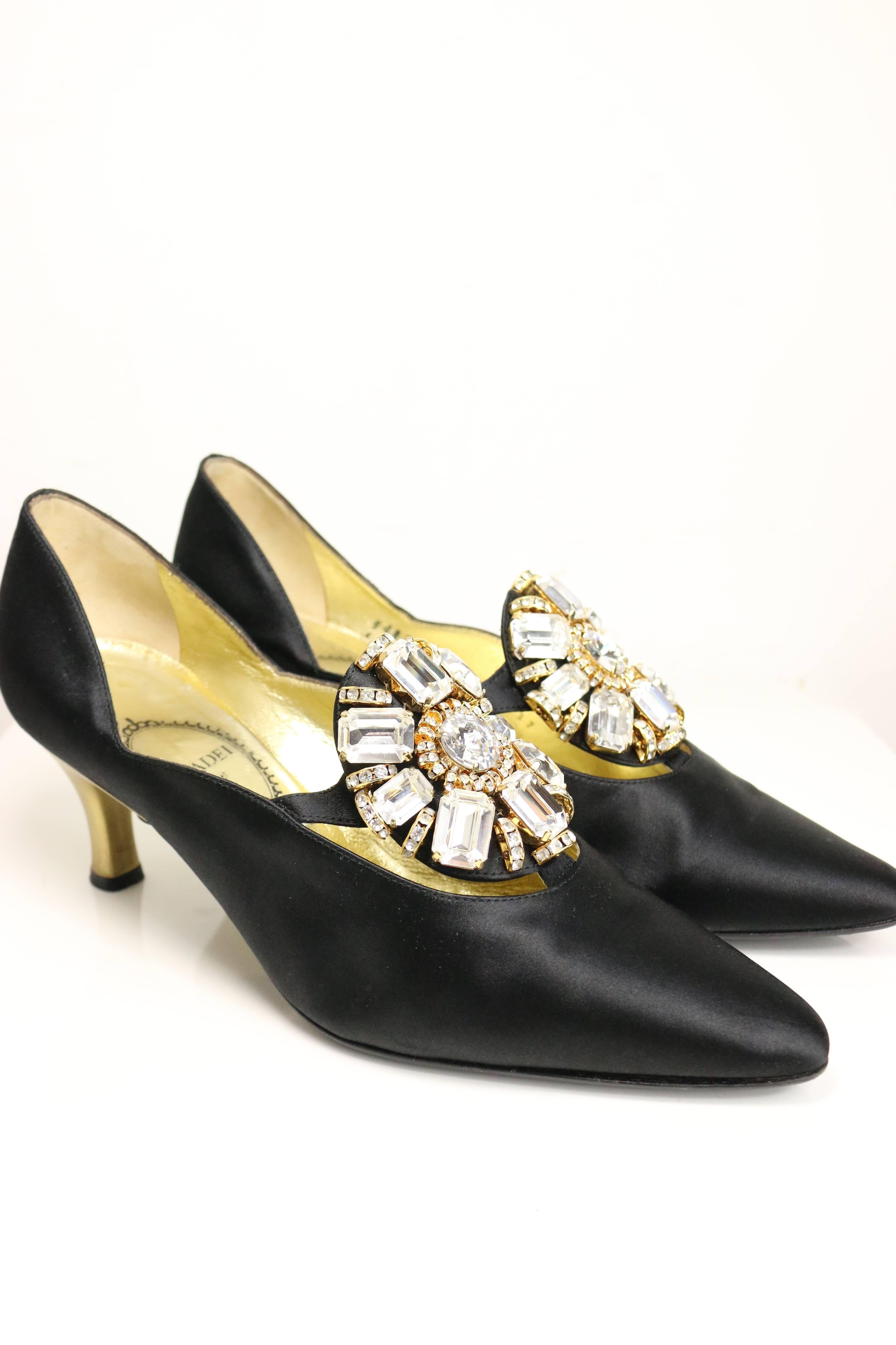 Casadei Black Satin Gold Toned Crystal Rhinestones Evening Shoes  In Excellent Condition In Sheung Wan, HK