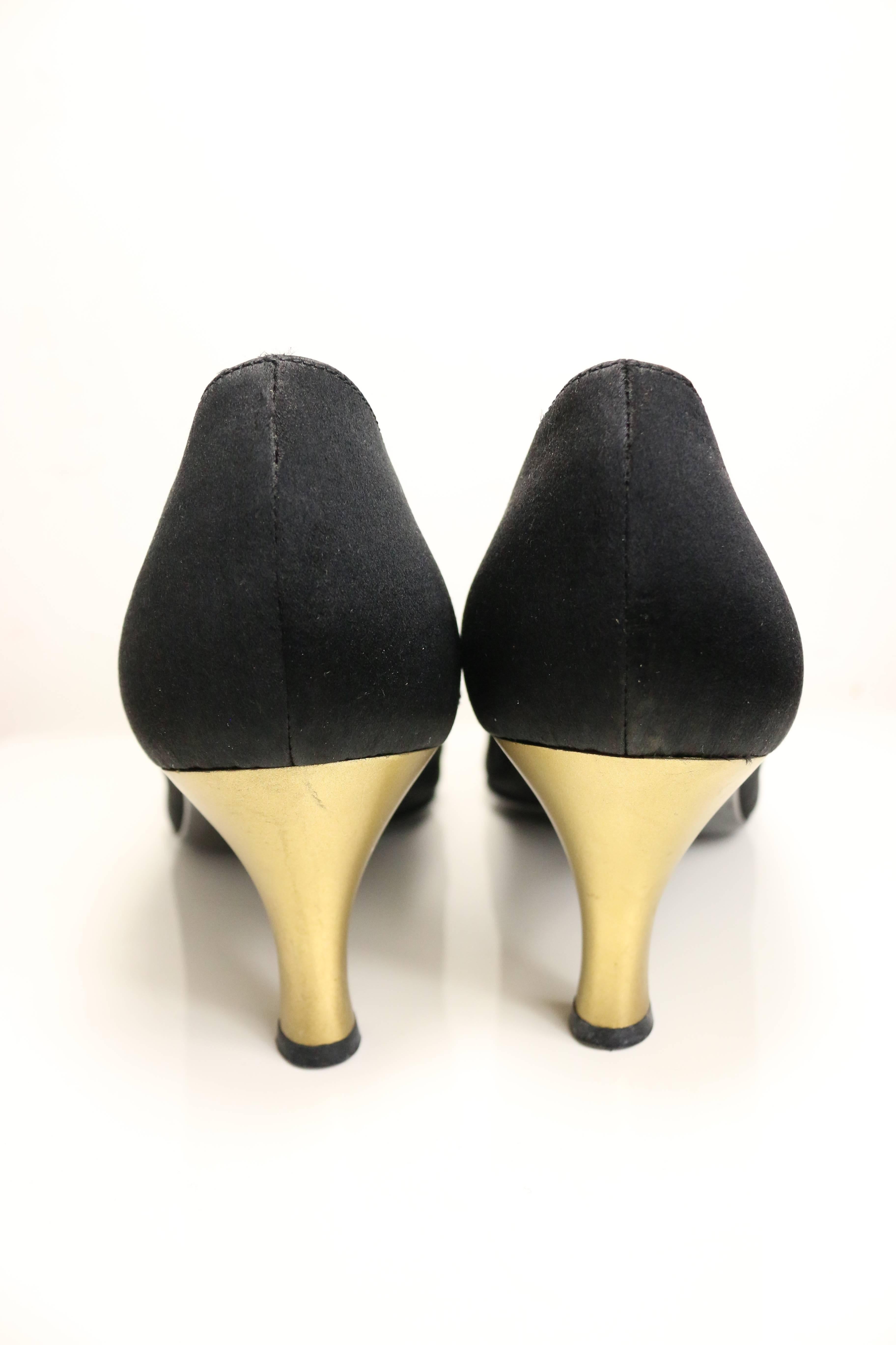Women's Casadei Black Satin Gold Toned Crystal Rhinestones Evening Shoes 