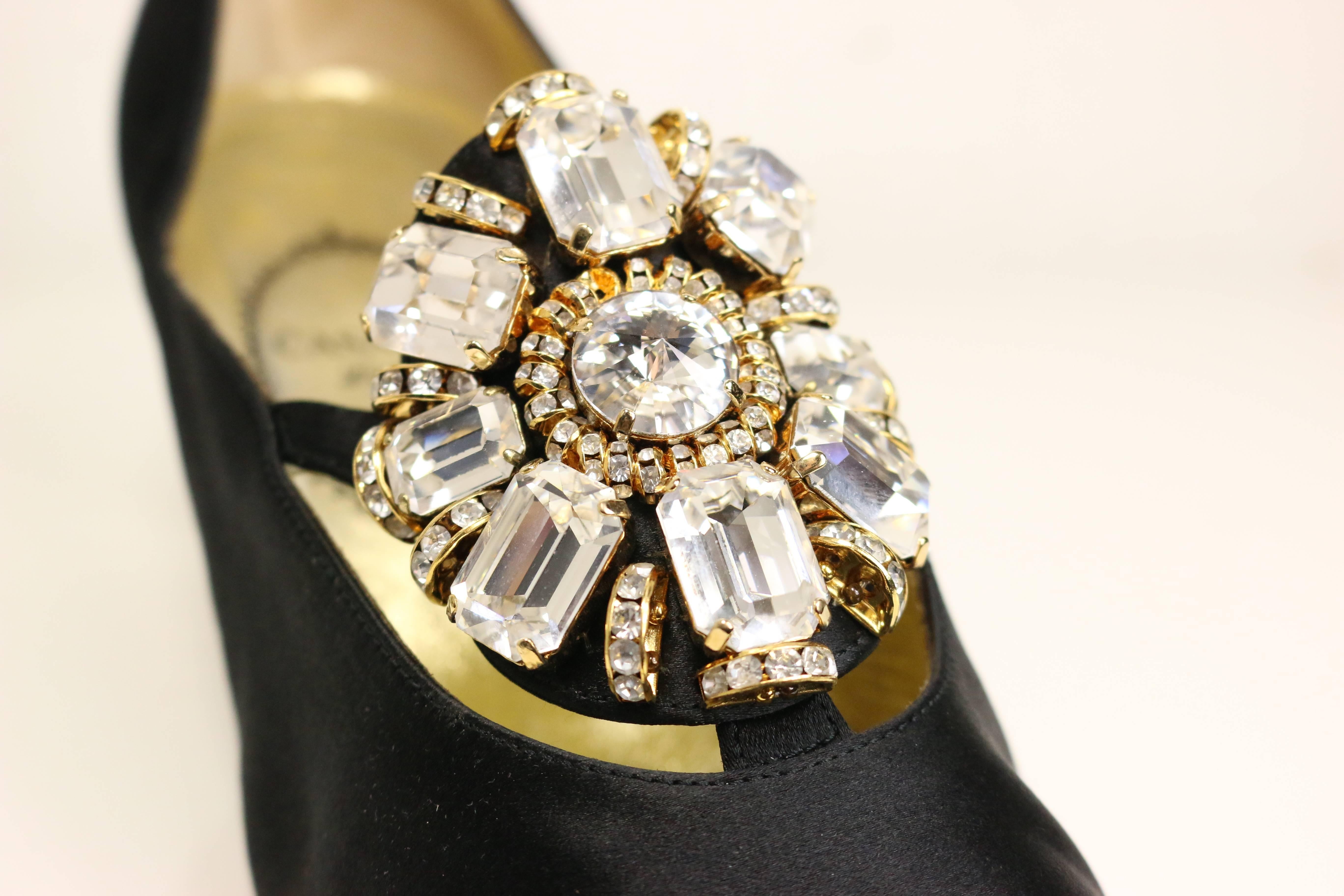 - Vintage 80s Casadei black satin gold toned crystal rhinestones evening shoes. This shoes is featuring in different shapes of rhinestones, those chunky statement rhinestones are bling and shiny! The golden heels of the shoes is another touch of