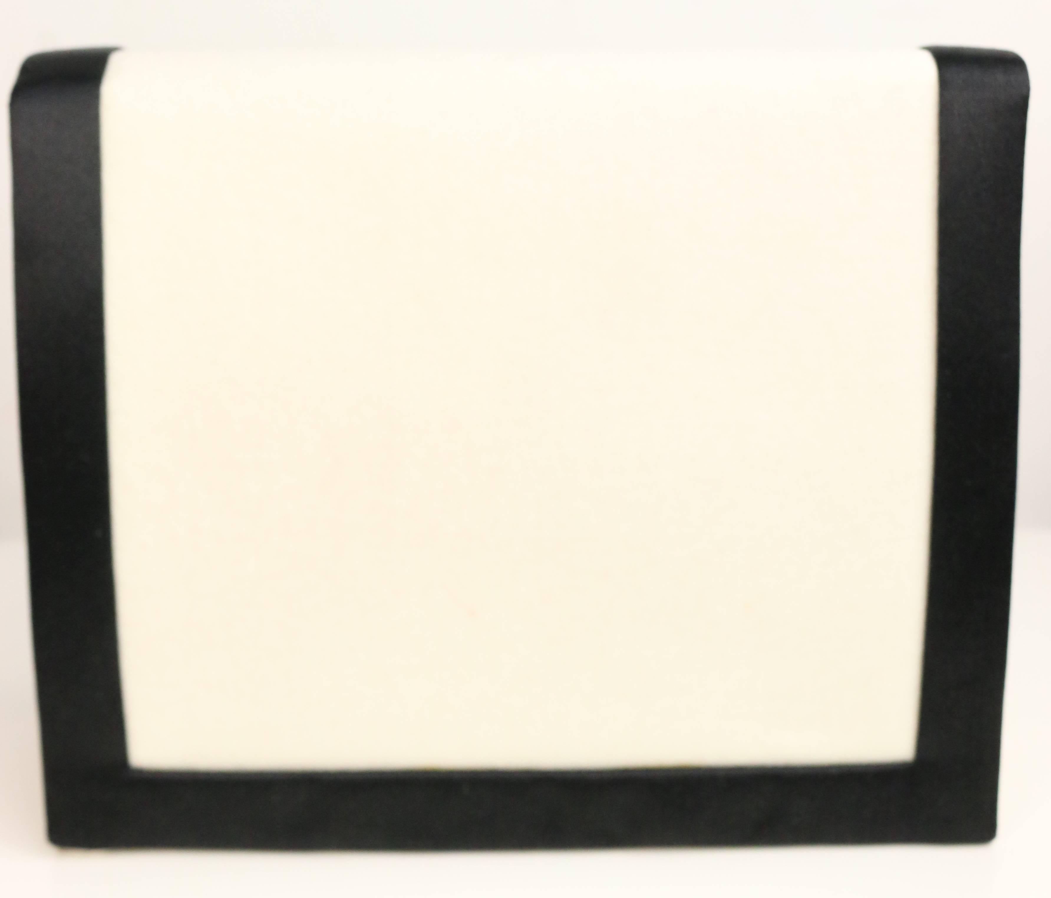 Beige Escada White Wool with Black Satin Piping Trim Gold Chain Evening Boxy Clutch/Ba