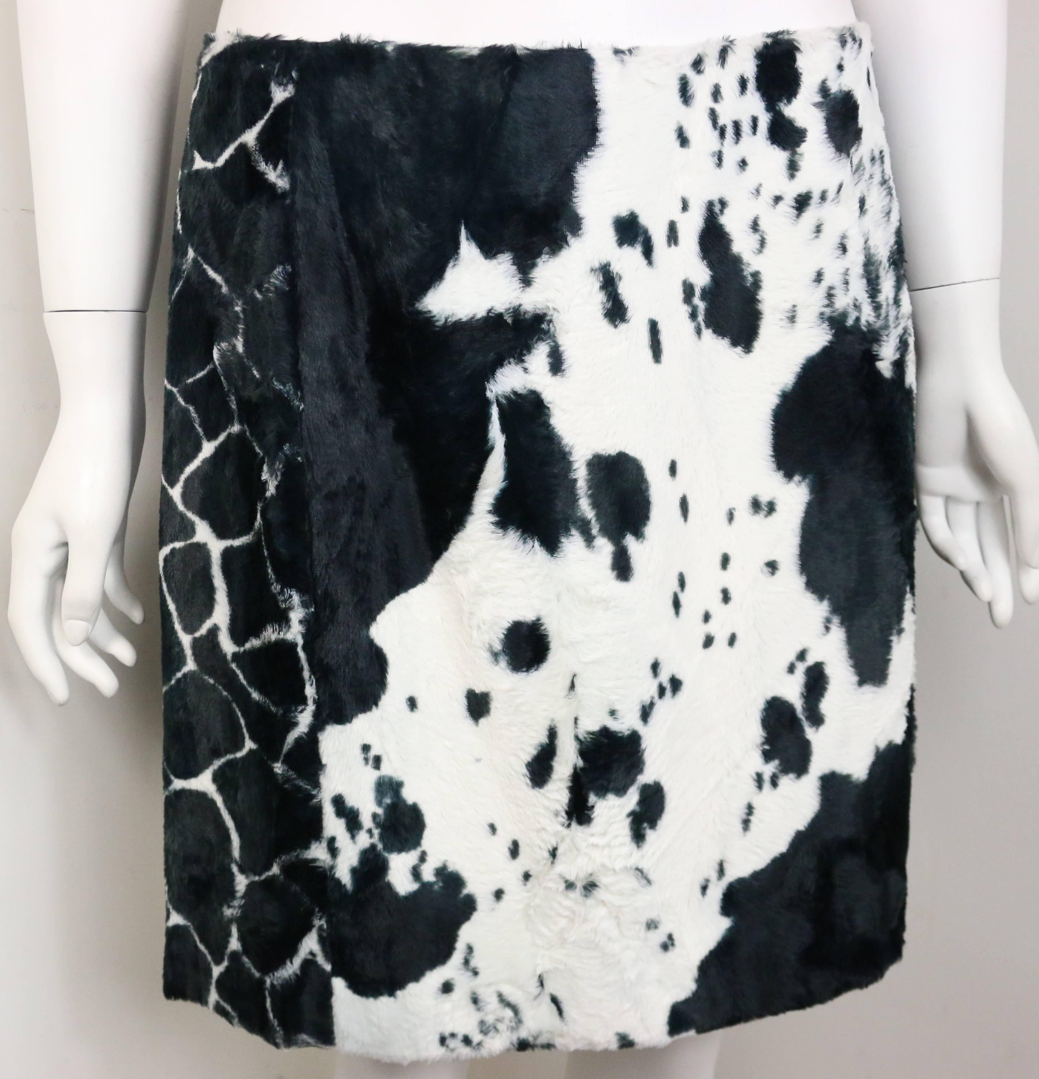 Women's Kenzo Black and White Cow Print Faux Fur Jacket and Skirt Ensemble 