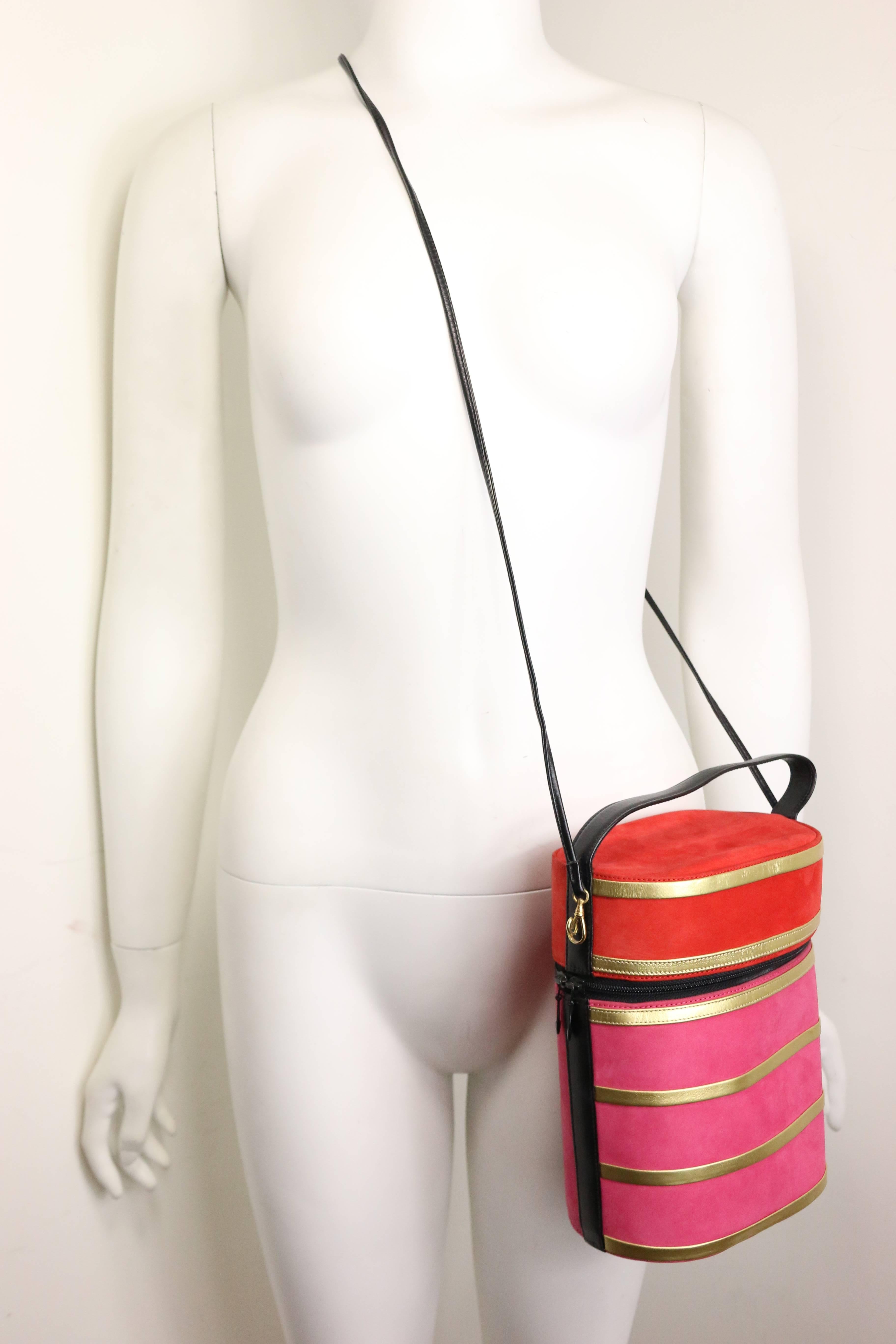 Charles Jourdan Red and Pink Suede Gold Leather Stripes Round Handbag with Strap In Excellent Condition In Sheung Wan, HK