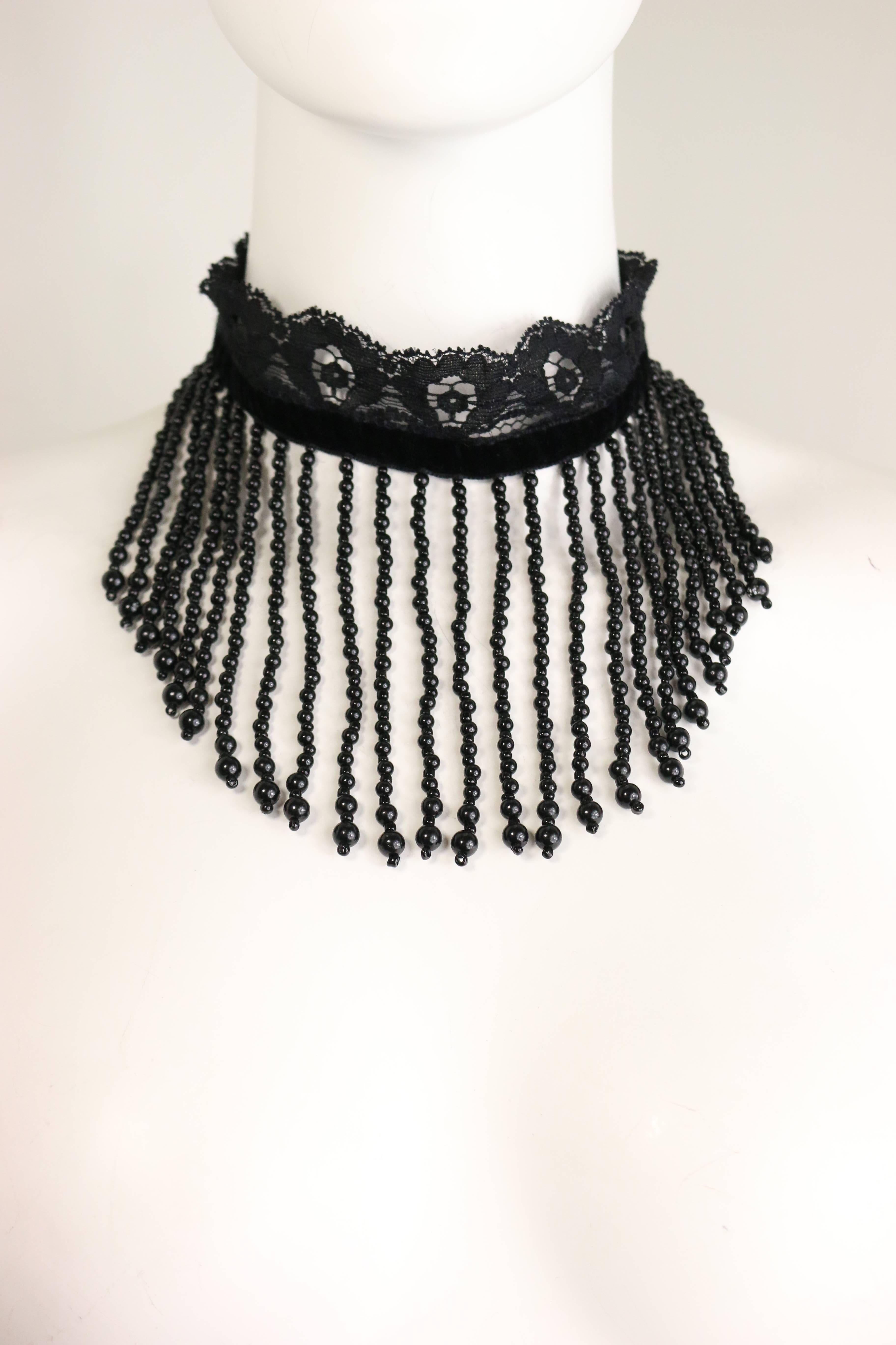 Dolce and Gabbana Black Lace Velvet Trim with Drop Beads Choker  In Excellent Condition In Sheung Wan, HK