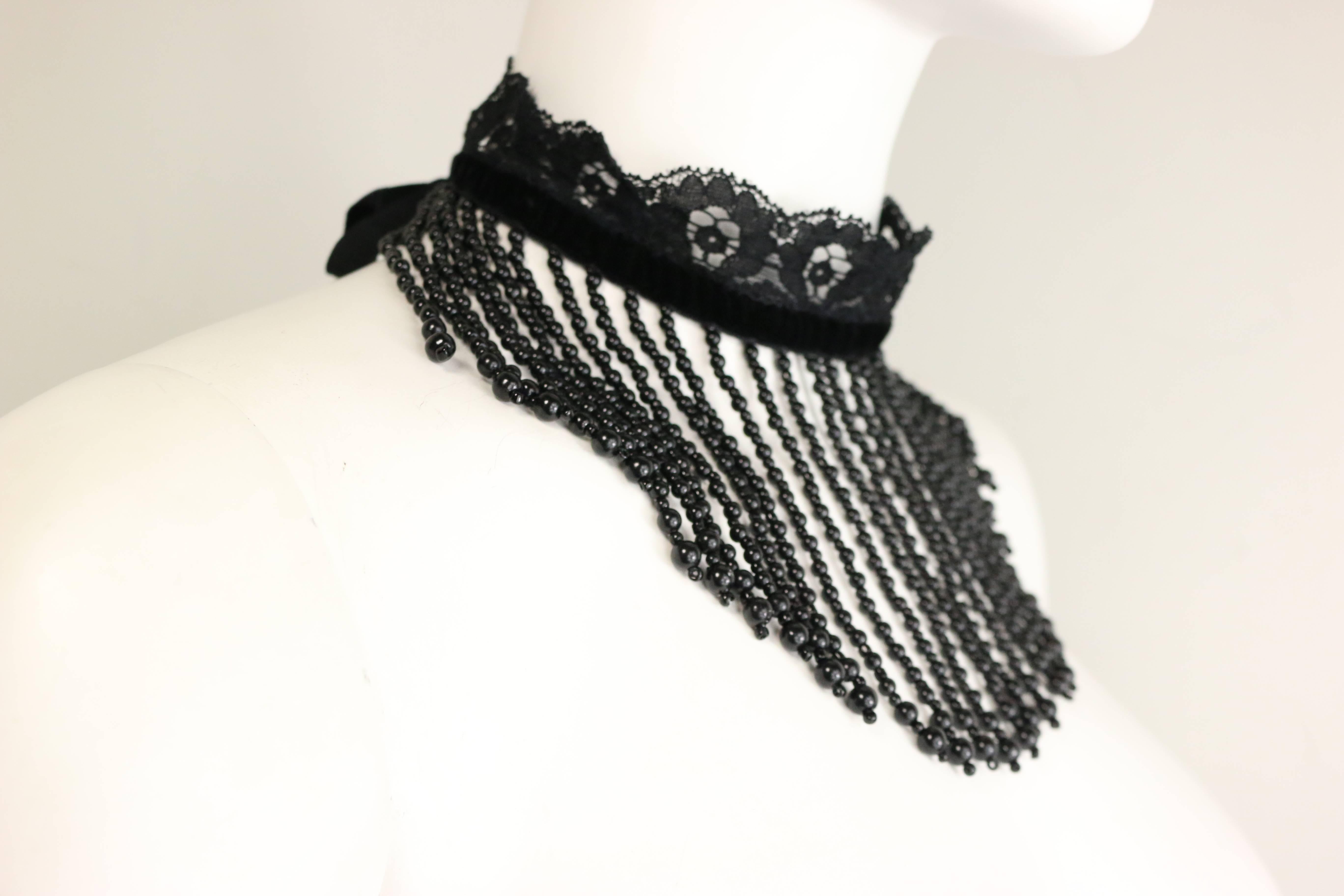 Women's Dolce and Gabbana Black Lace Velvet Trim with Drop Beads Choker 