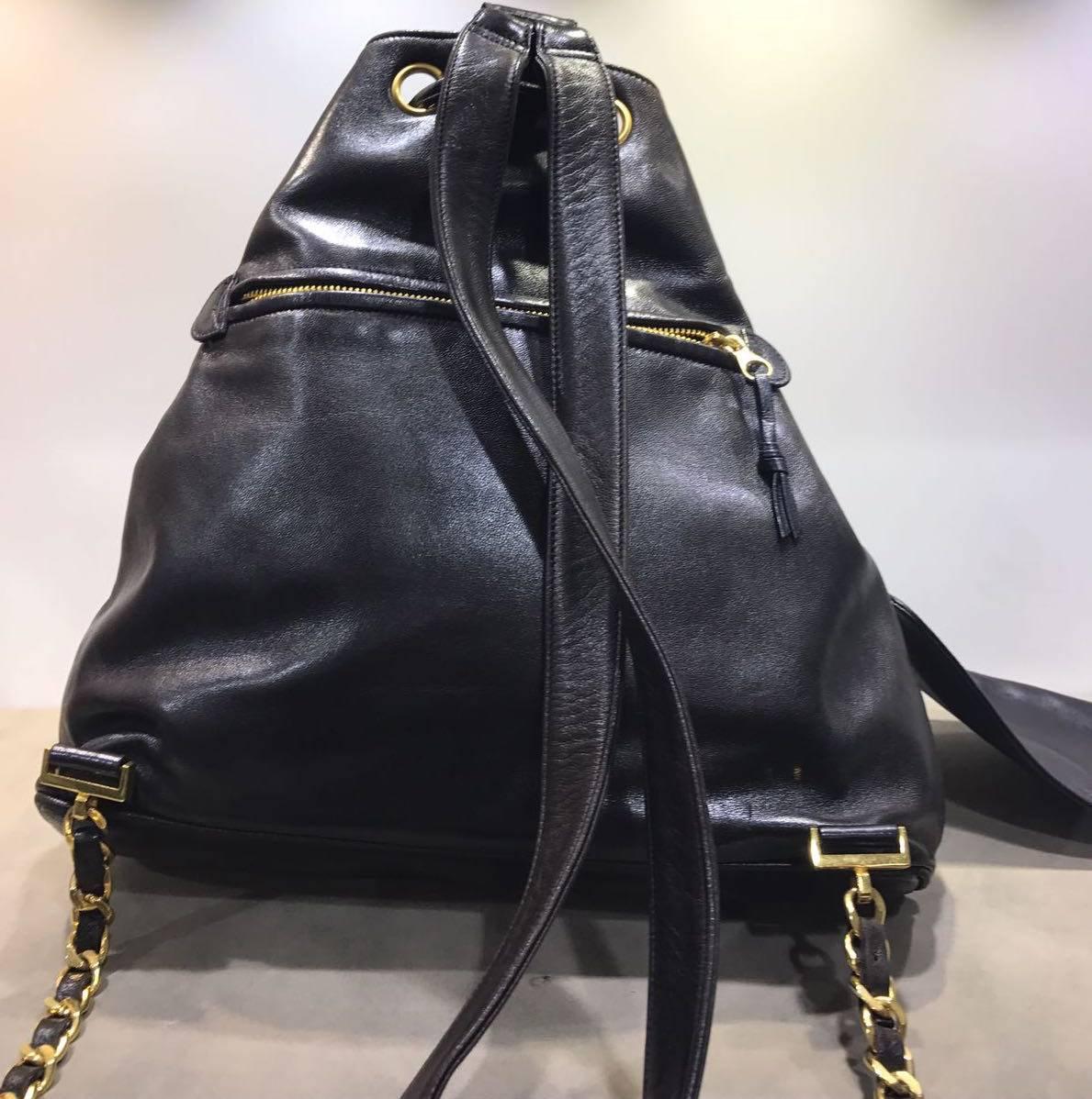 Women's Chanel Black Lambskin Drawstring Backpack with 