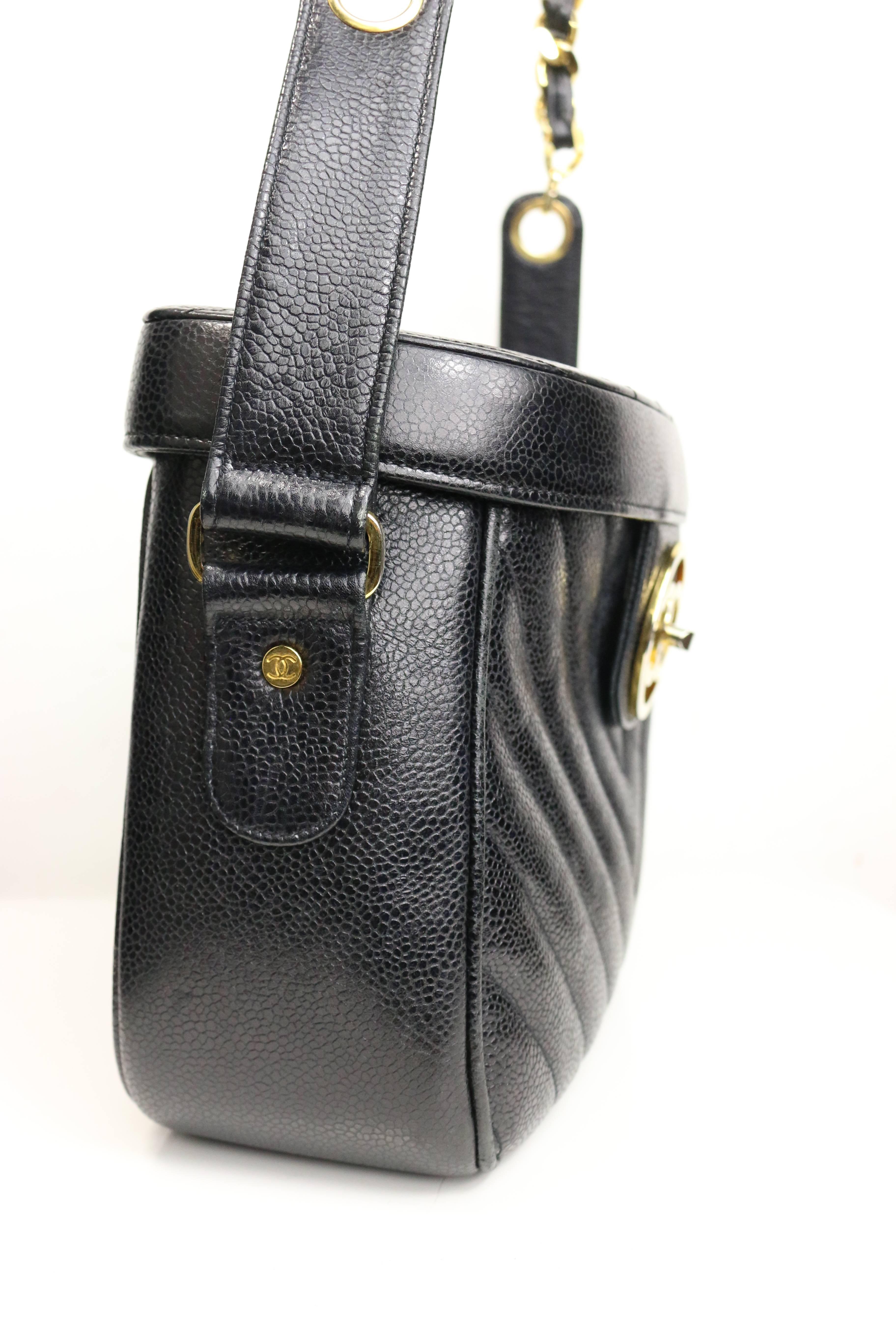 Women's Chanel Black Caviar Leather Chevron Vanity Bag 