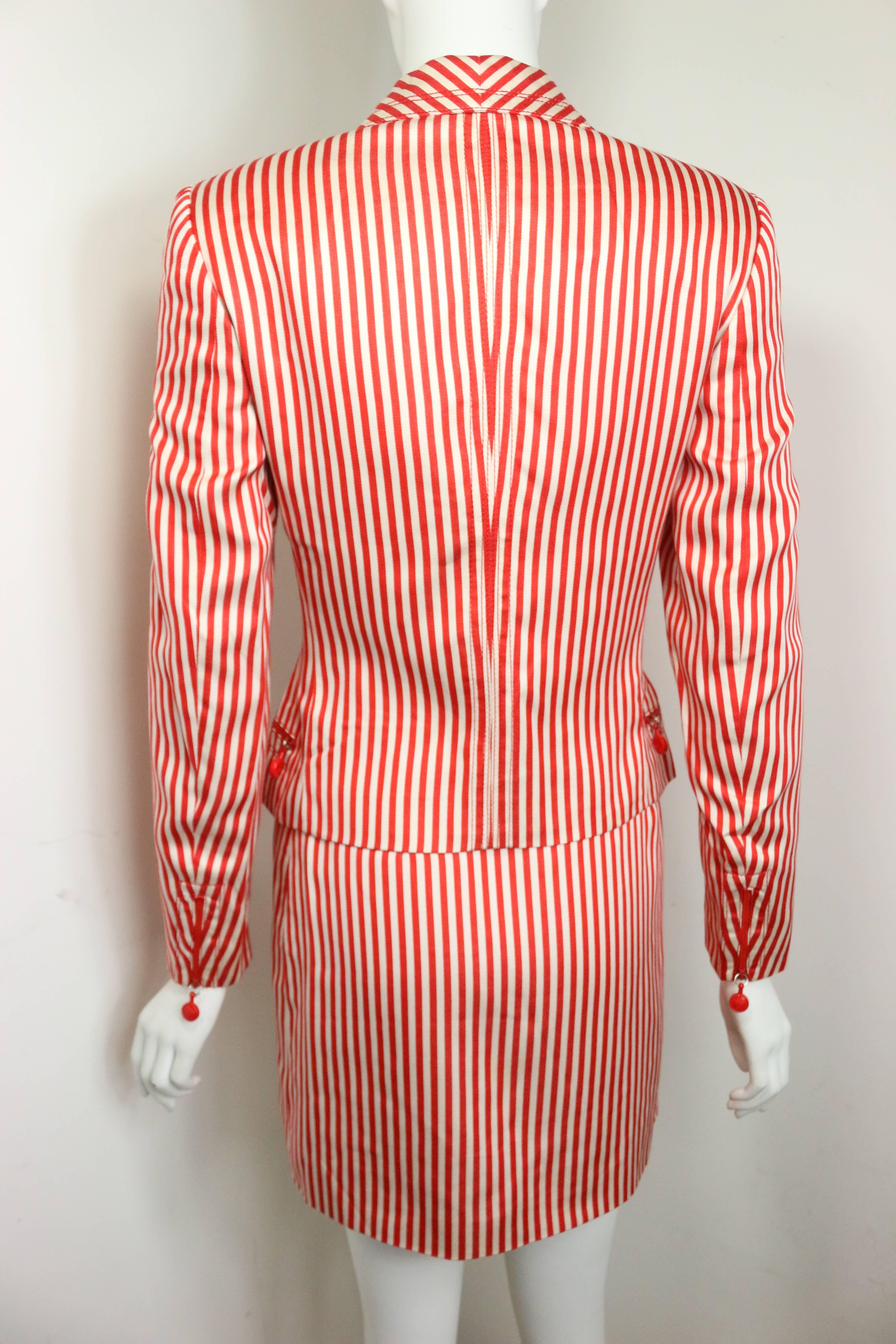 - Vintage 90s Gianni Versace Couture red and white stripe silk jacket and skirt ensemble. Featuring a red "Medusa" zipper front closure and two side pockets with red "Medusa" zipper closures. Also, a red zipper closure on each
