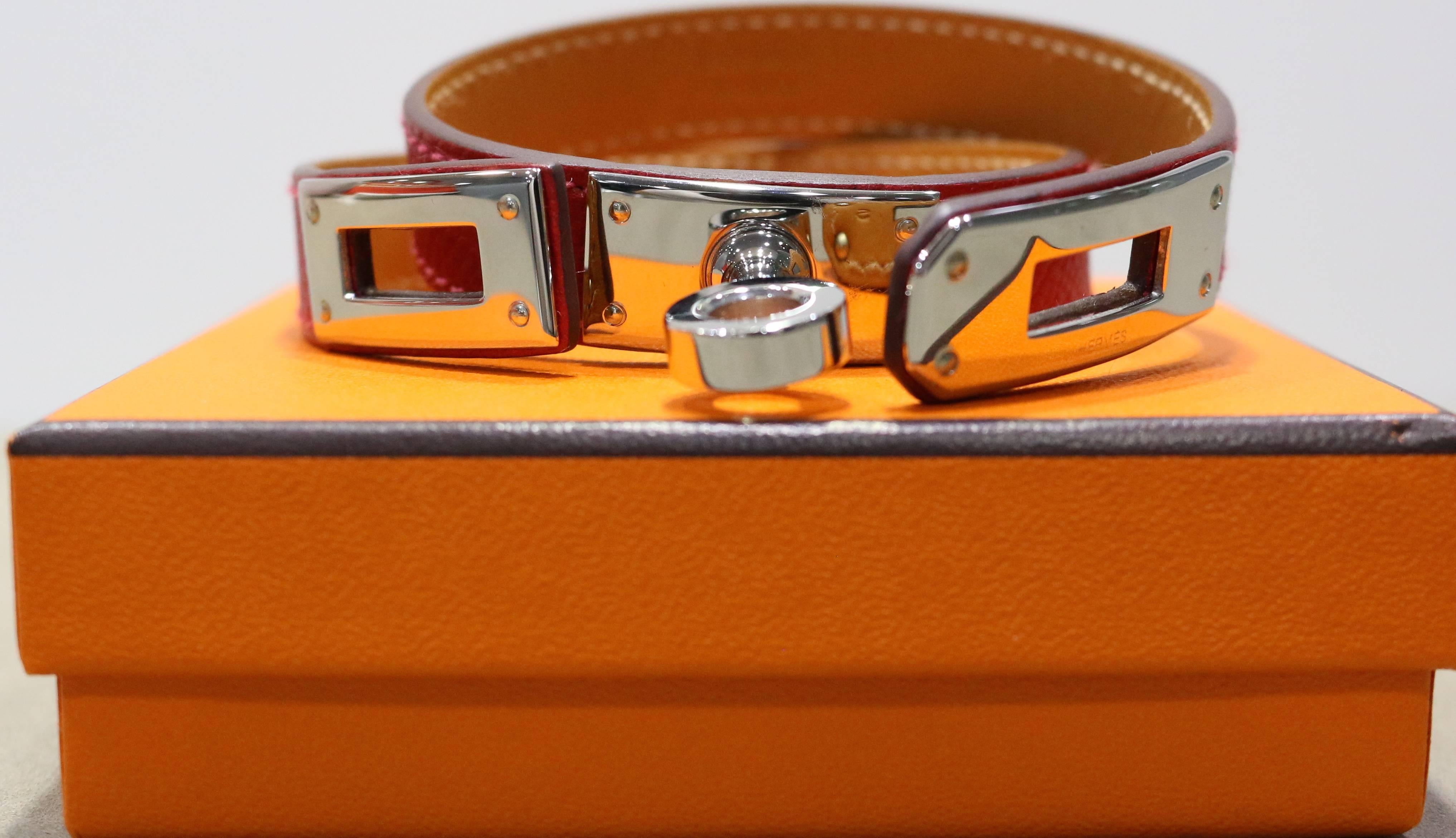 Hermes Red Kelly Double Tour Leather Bracelet In Silver Toned Hardware  In New Condition In Sheung Wan, HK