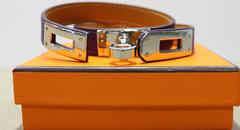 Hermes Purple Kelly Double Tour Leather Bracelet In Silver Toned Hardware