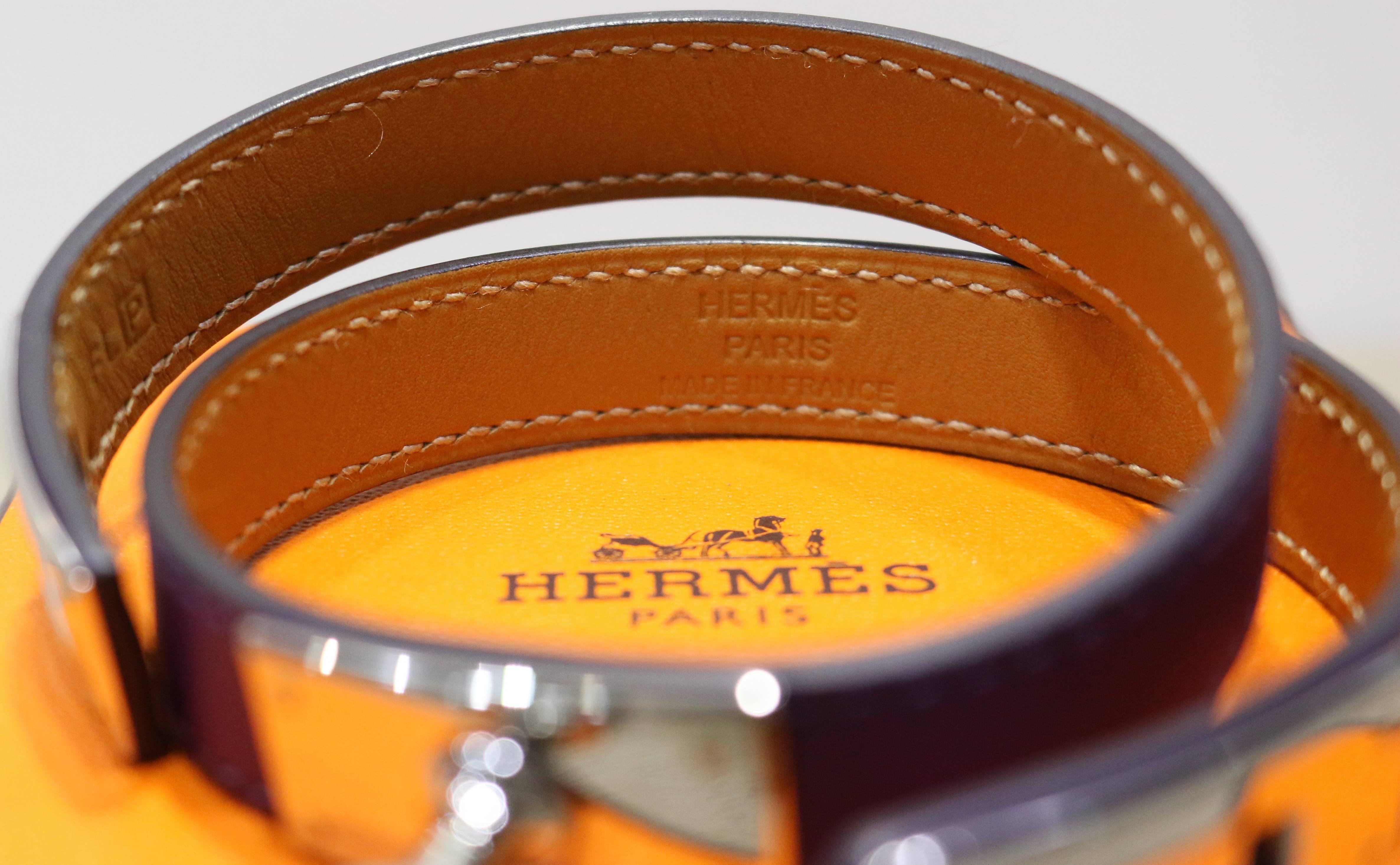 Hermes Purple Kelly Double Tour Leather Bracelet In Silver Toned Hardware  In New Condition In Sheung Wan, HK