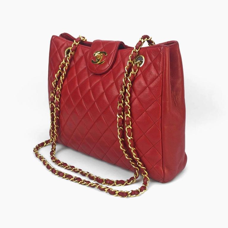Chanel Classic Red Quilted Lambskin Leather Gold Chain Strap Shoulder Bag at 1stdibs