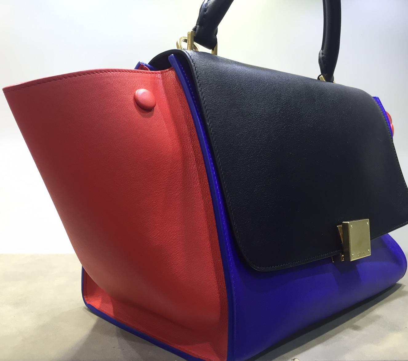 Black Celine Tri Colour Trapeze Leather Luggage Tote Bag with Strap