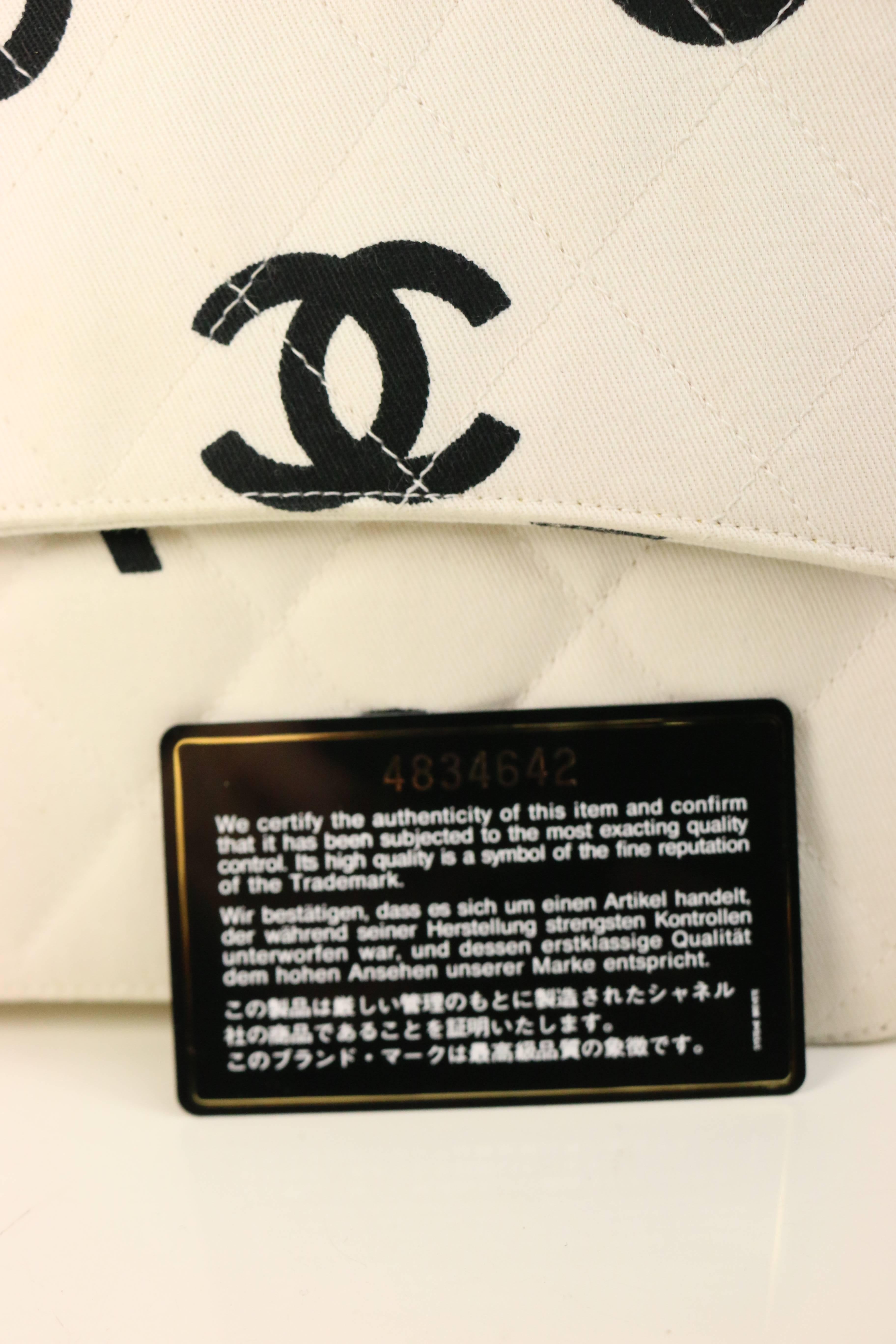 Women's Chanel White Quitled with Black Logo Print Canvas Flap Bag