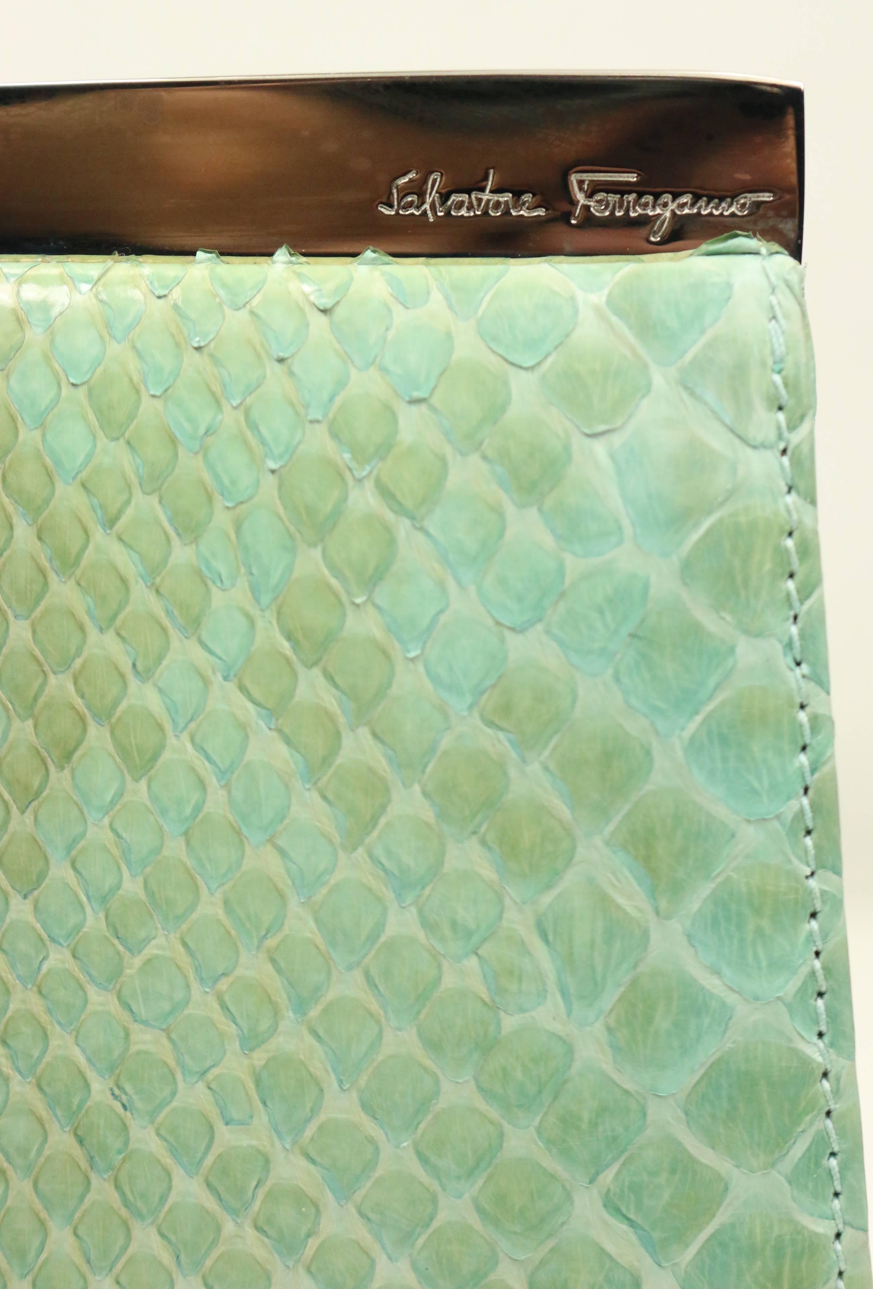 Salvatore Ferragamo Green Python Clutch bag  For Sale 2