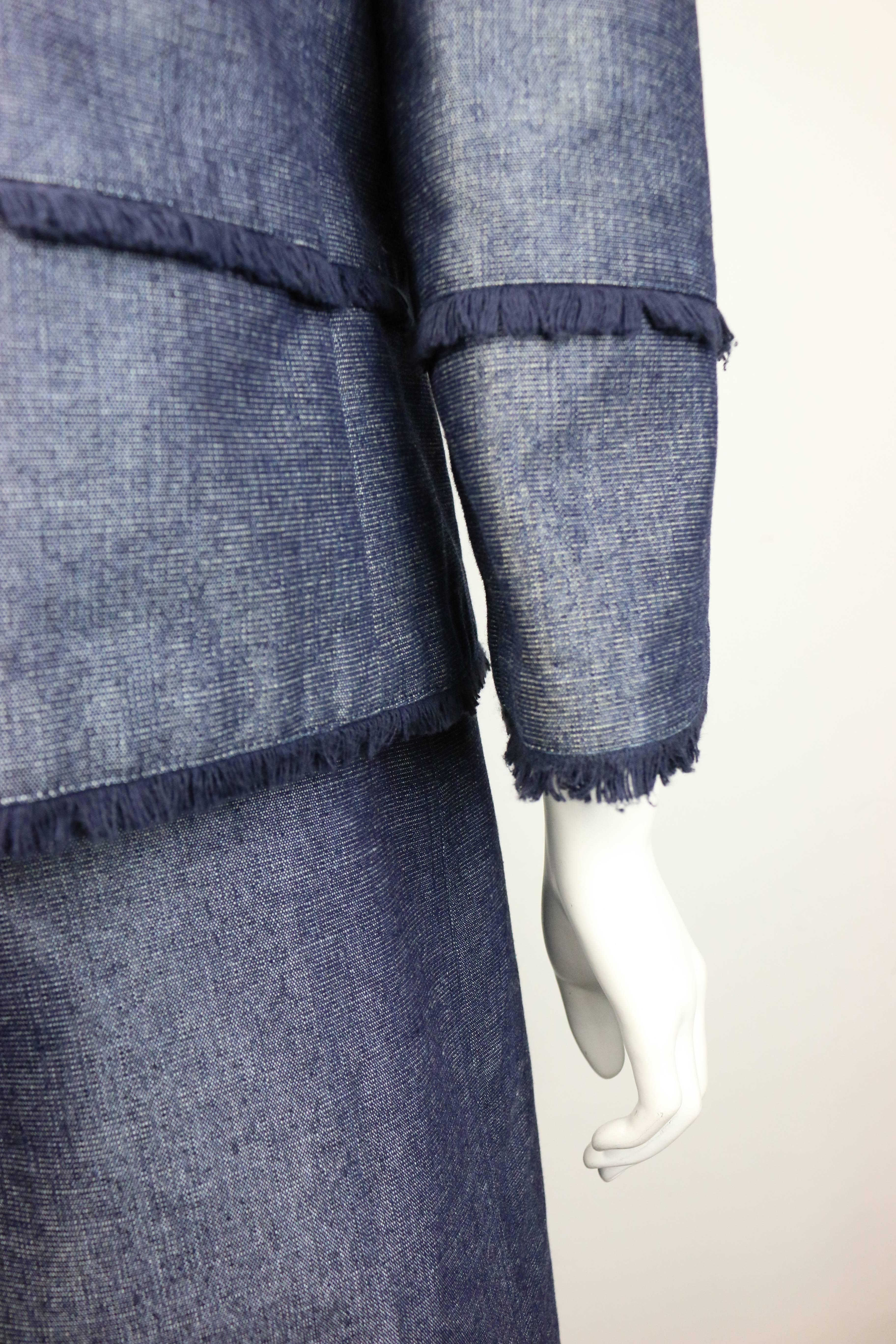 Women's Chanel Blue Denim with Raw Edge Fringe Jacket and Skirt Ensemble  For Sale