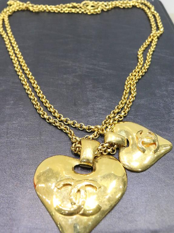 Chanel Gold Toned "CC" Double Heart, Double Chain Pendant Necklace at