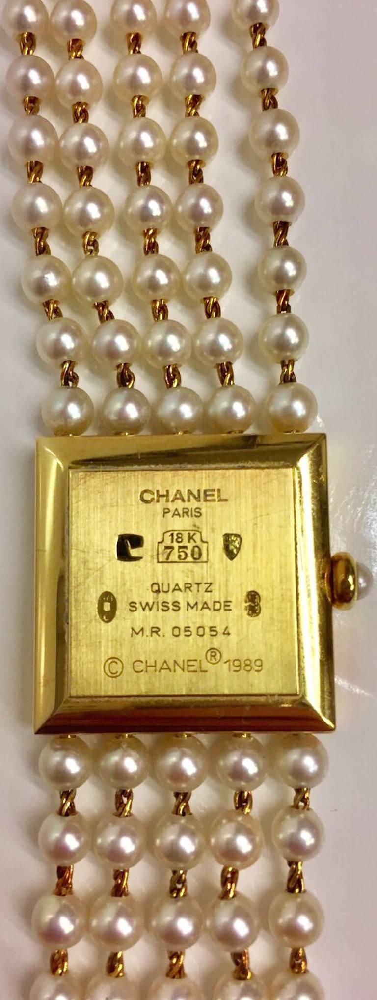 - Vintage Chanel has a square 22mm case a cream with with black roman numeral markers with gold hands. Featuring a 18k yellow gold with 5 strands band of pearls. This premium vintage Chanel pearl 18 karat yellow gold bracelet wristwatch has a quartz