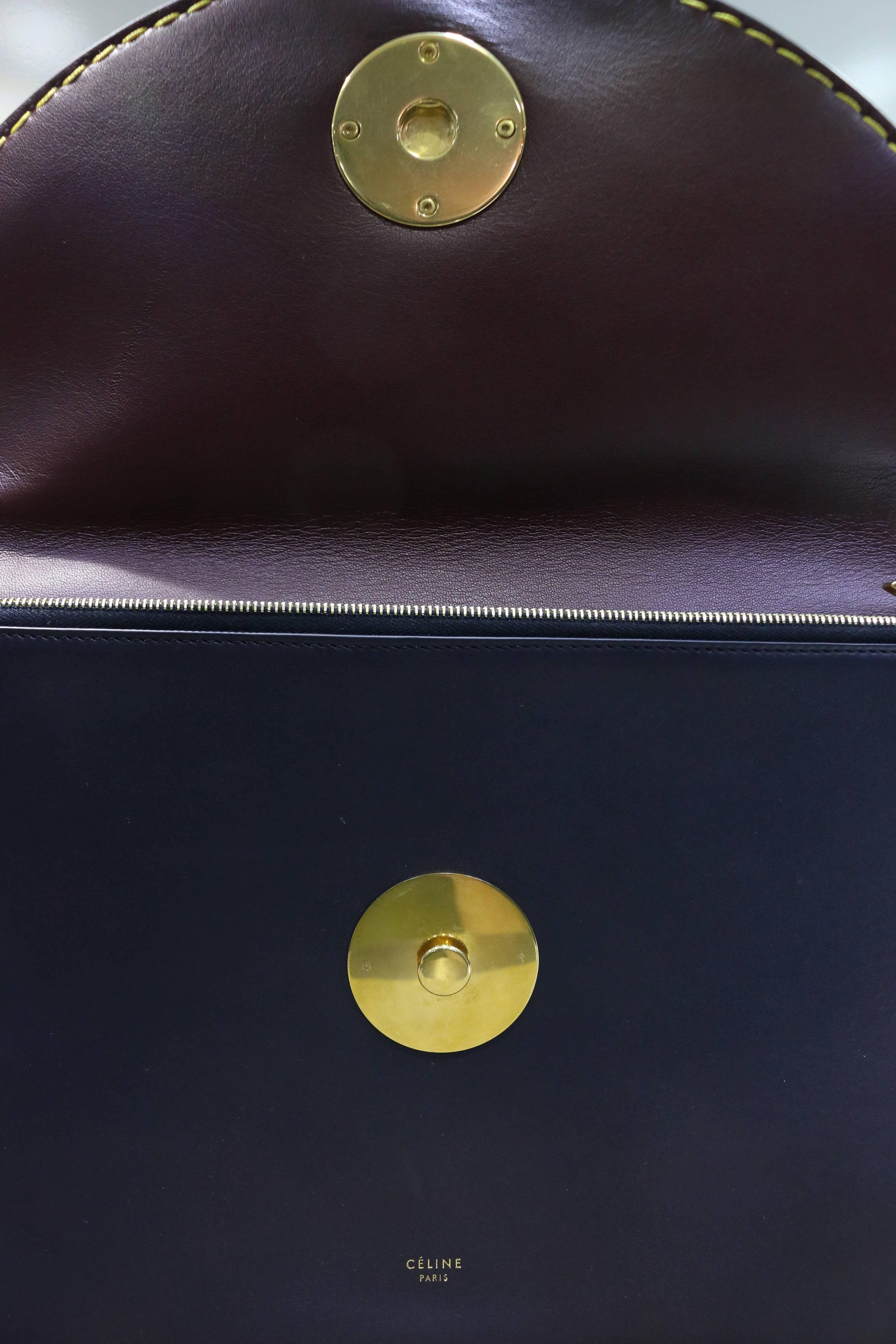 Celine Navy with Yellow Stitched Calfskin Leather Flap Clutch  In Excellent Condition In Sheung Wan, HK