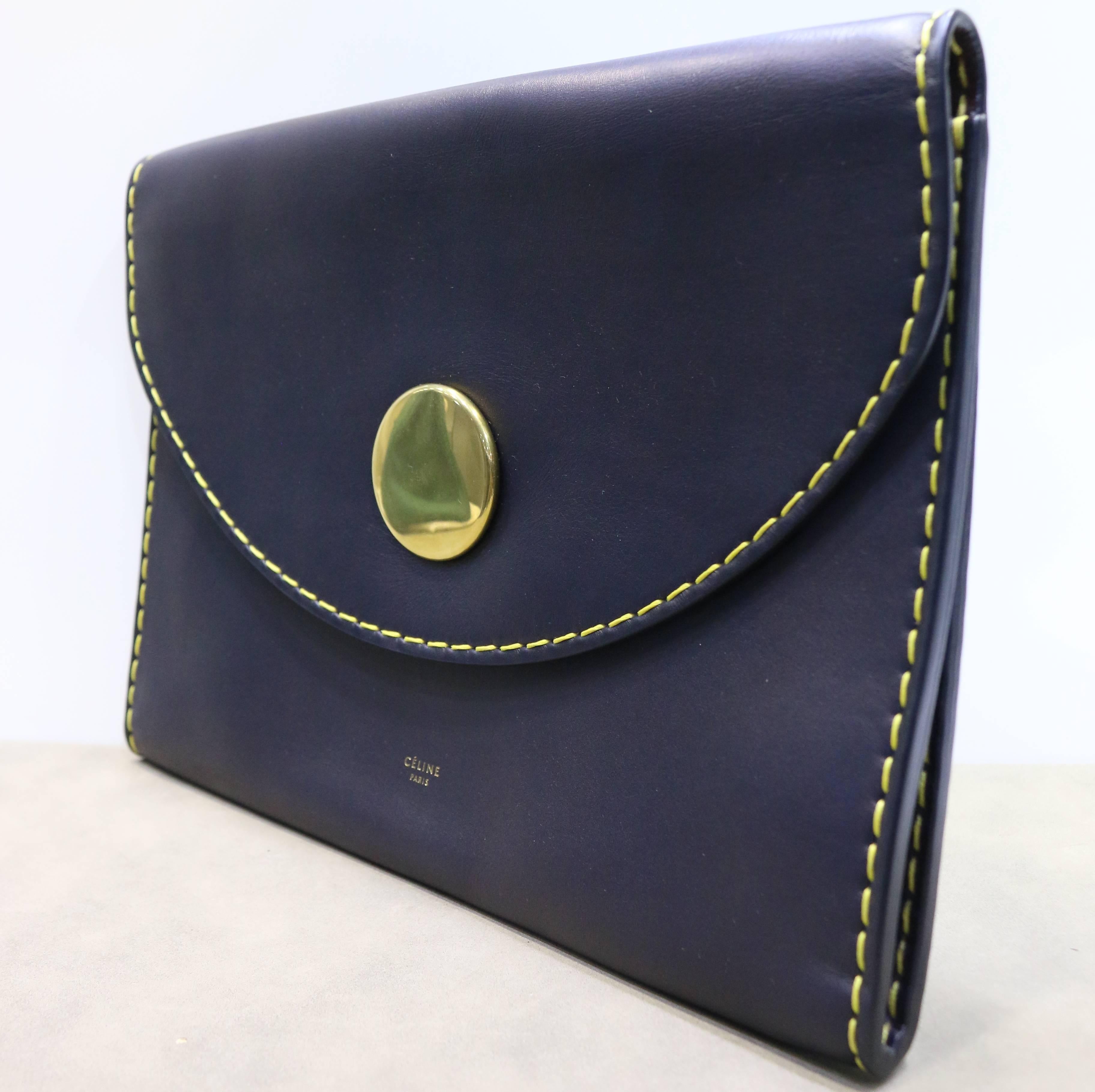 Black Celine Navy with Yellow Stitched Calfskin Leather Flap Clutch 